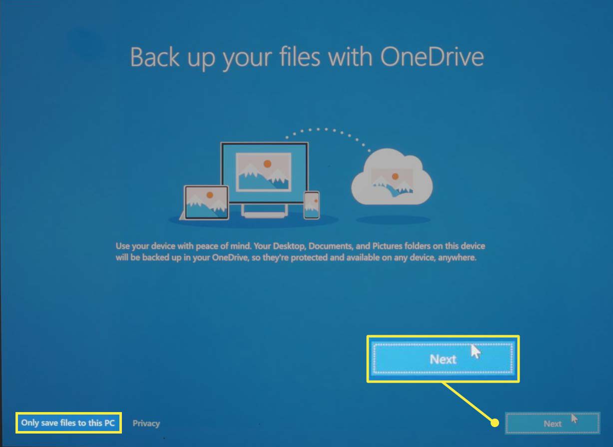 Het OneDrive-scherm tijdens een installatie van Microsoft Windows 10.