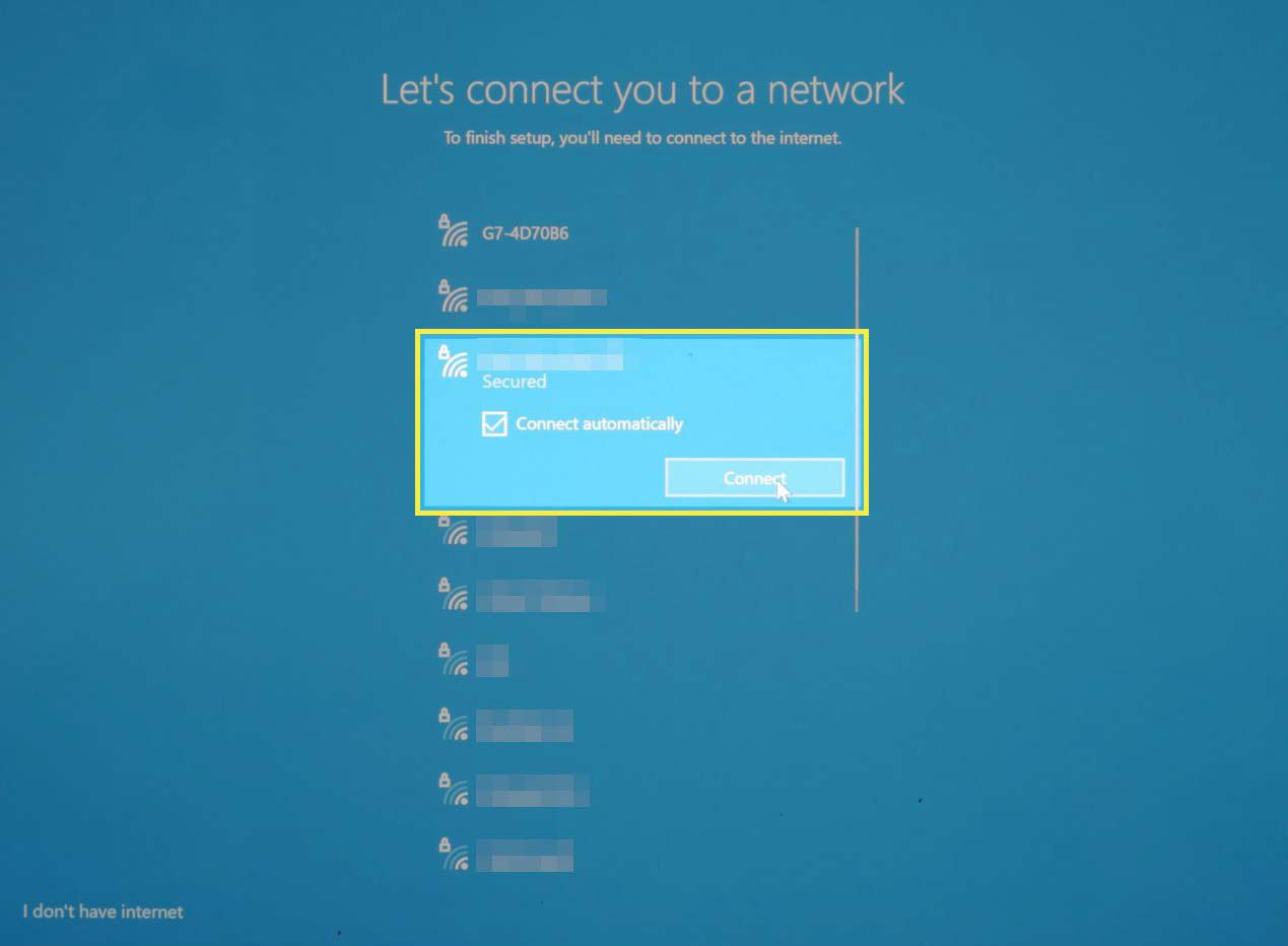 De wifi-netwerkselectie tijdens de installatie van Microsoft Windows 10.