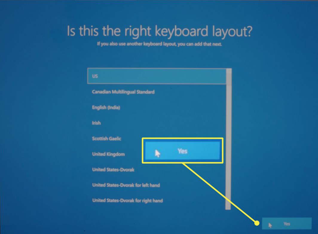 De selectie van de toetsenbordindeling tijdens het instellen van Microsoft Windows 10.