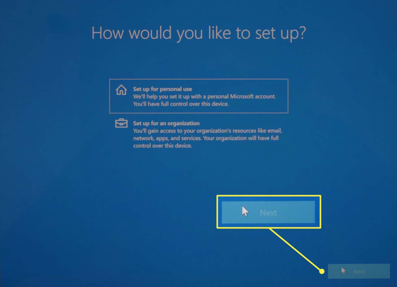 De accountselectie tijdens een installatie van Microsoft Windows 10.
