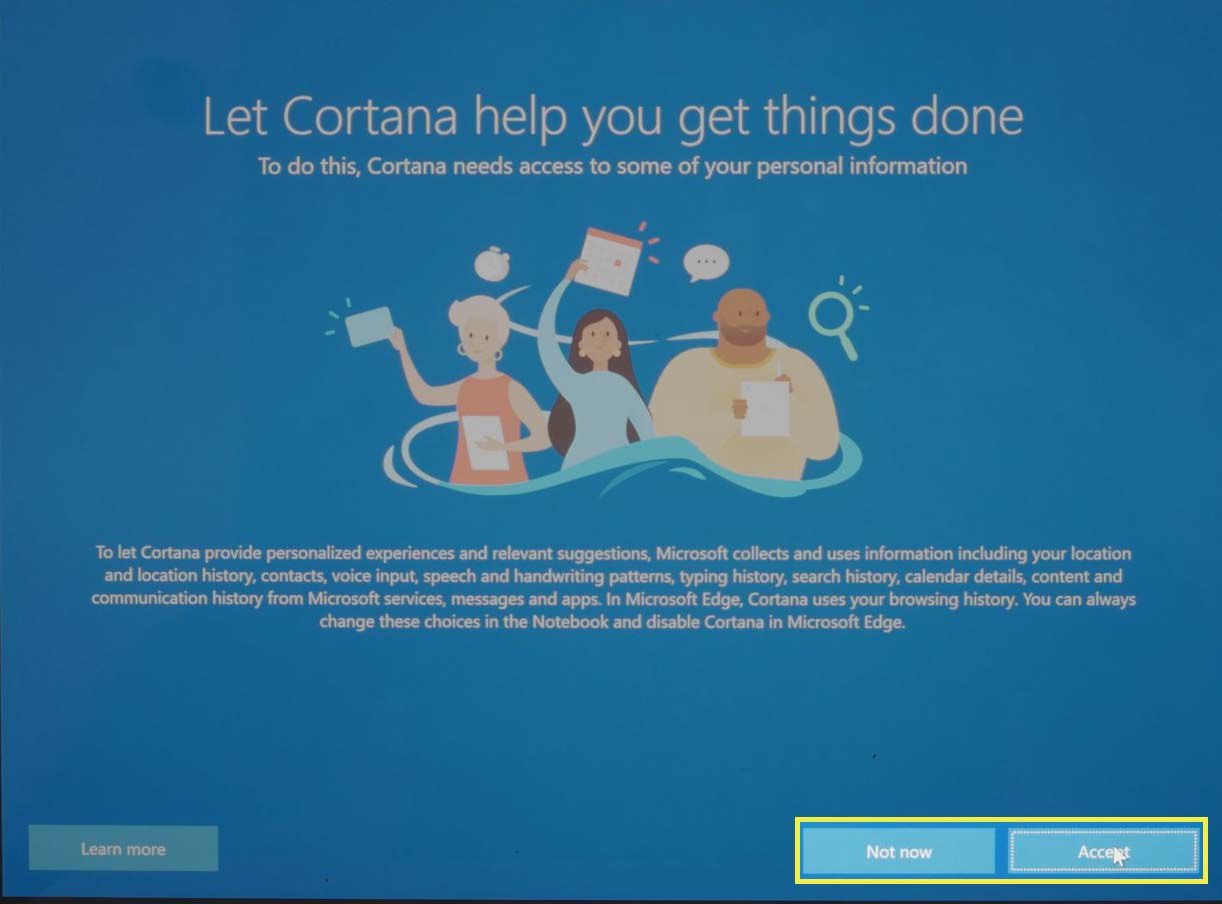 Het Cortana-scherm tijdens een installatie van Microsoft Windows 10.