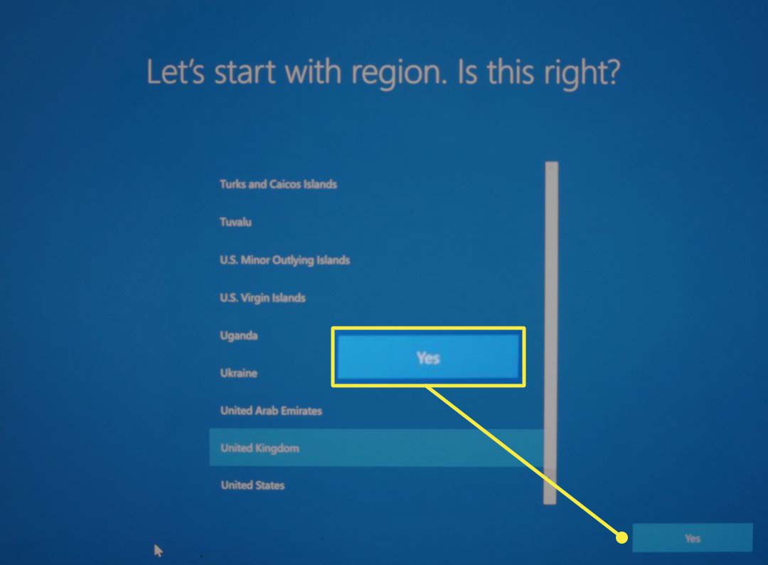 Het regioselectiescherm tijdens een installatie van Microsoft Windows 10.