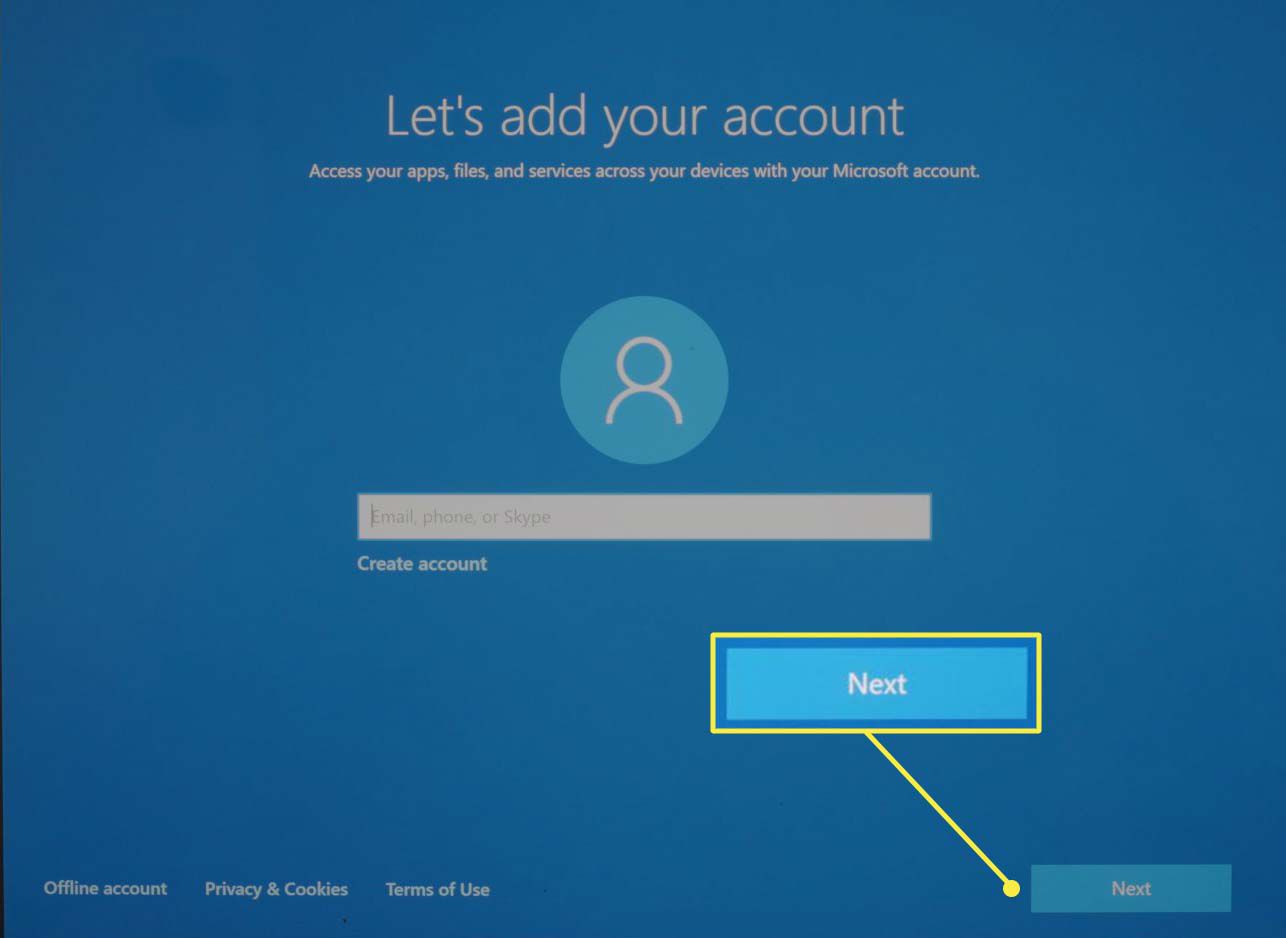 Het Microsoft-accountinvoerscherm tijdens de installatie van Microsoft Windows 10.