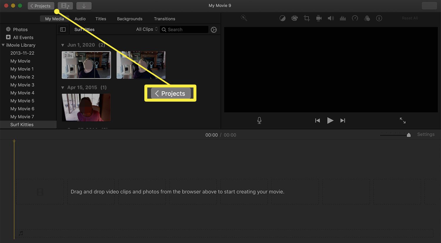 Het tabblad Proects in iMovie op een Mac