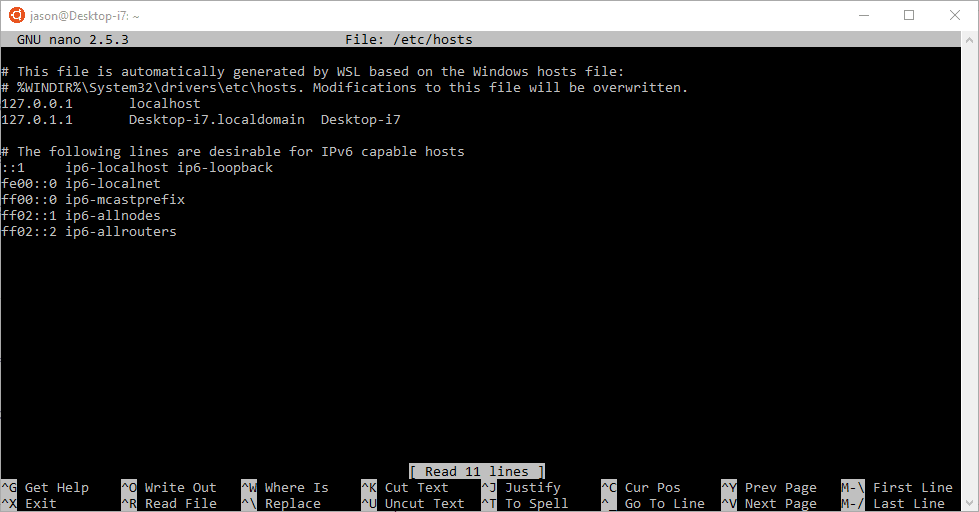 Het /etc/hosts-bestand in NANO voor Ubuntu op WSL