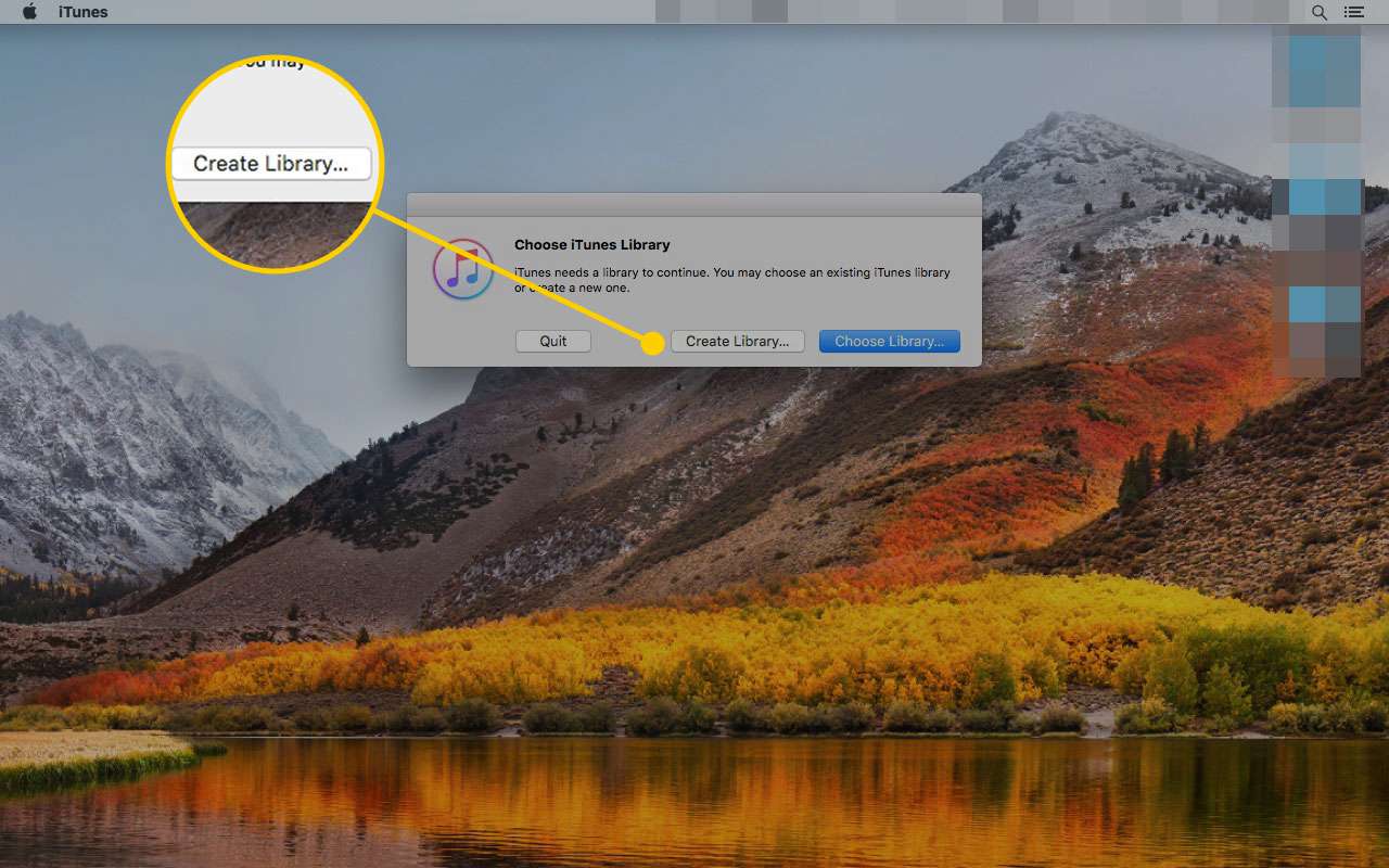 Kies het venster iTunes-bibliotheek geopend op een Mac met de knop Bibliotheek maken gemarkeerd