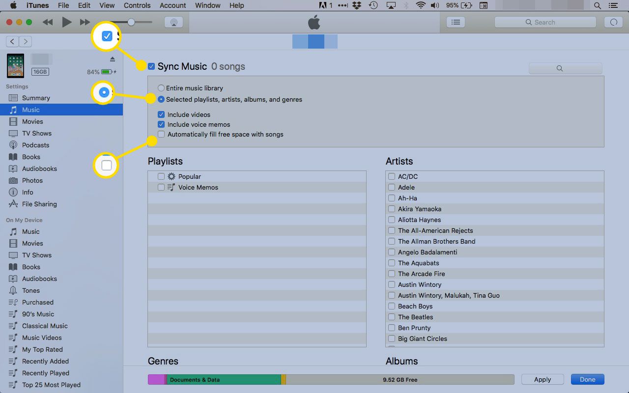 Muziekinstellingen synchroniseren voor een iPad in iTunes