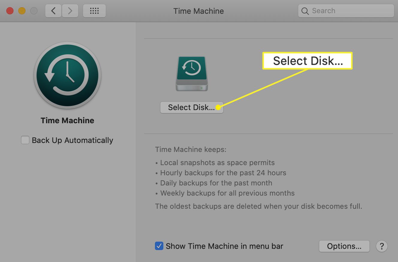 Time Machine-voorkeuren met Select Disk gemarkeerd