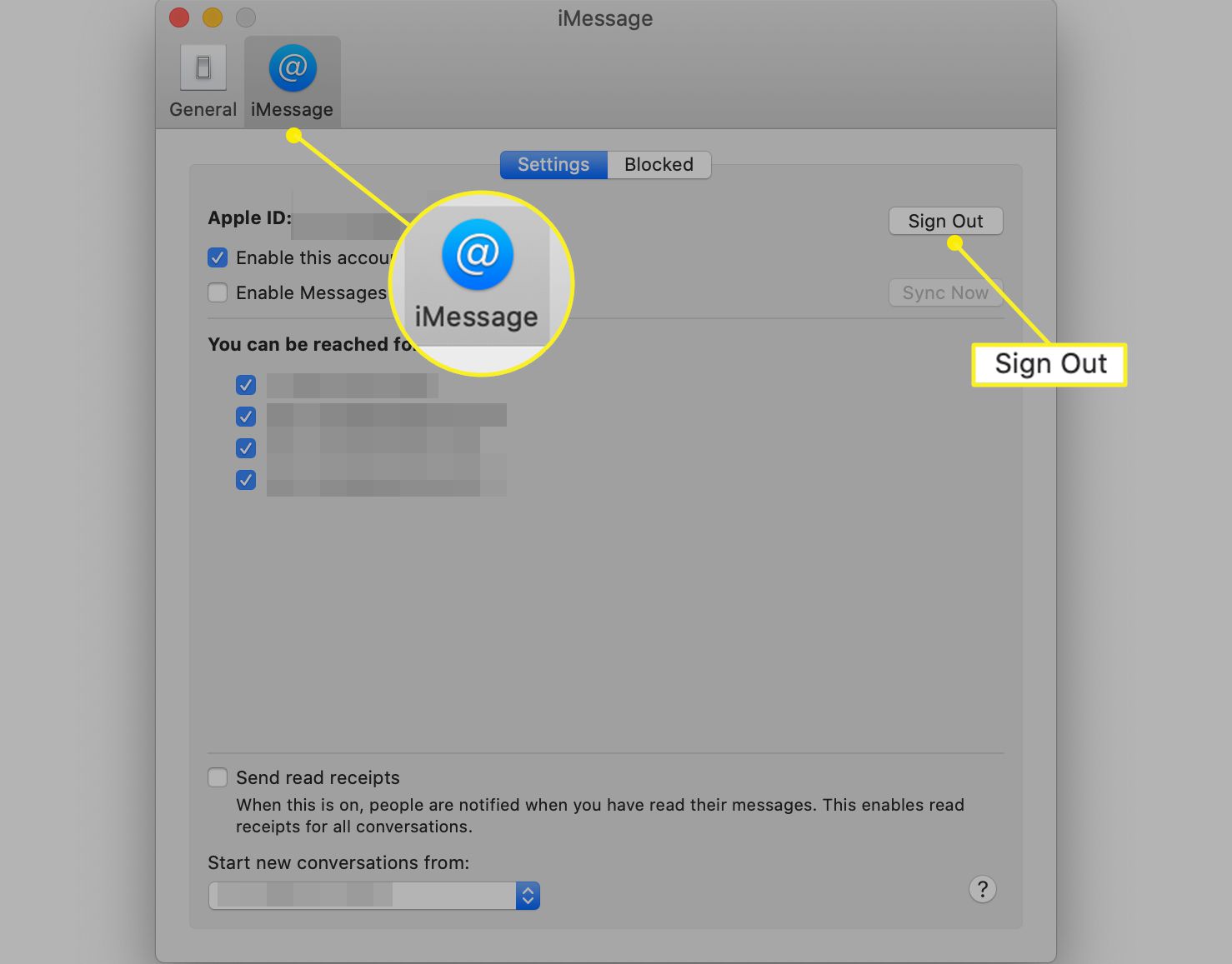 iMessage-voorkeurenscherm met Afmelden gemarkeerd