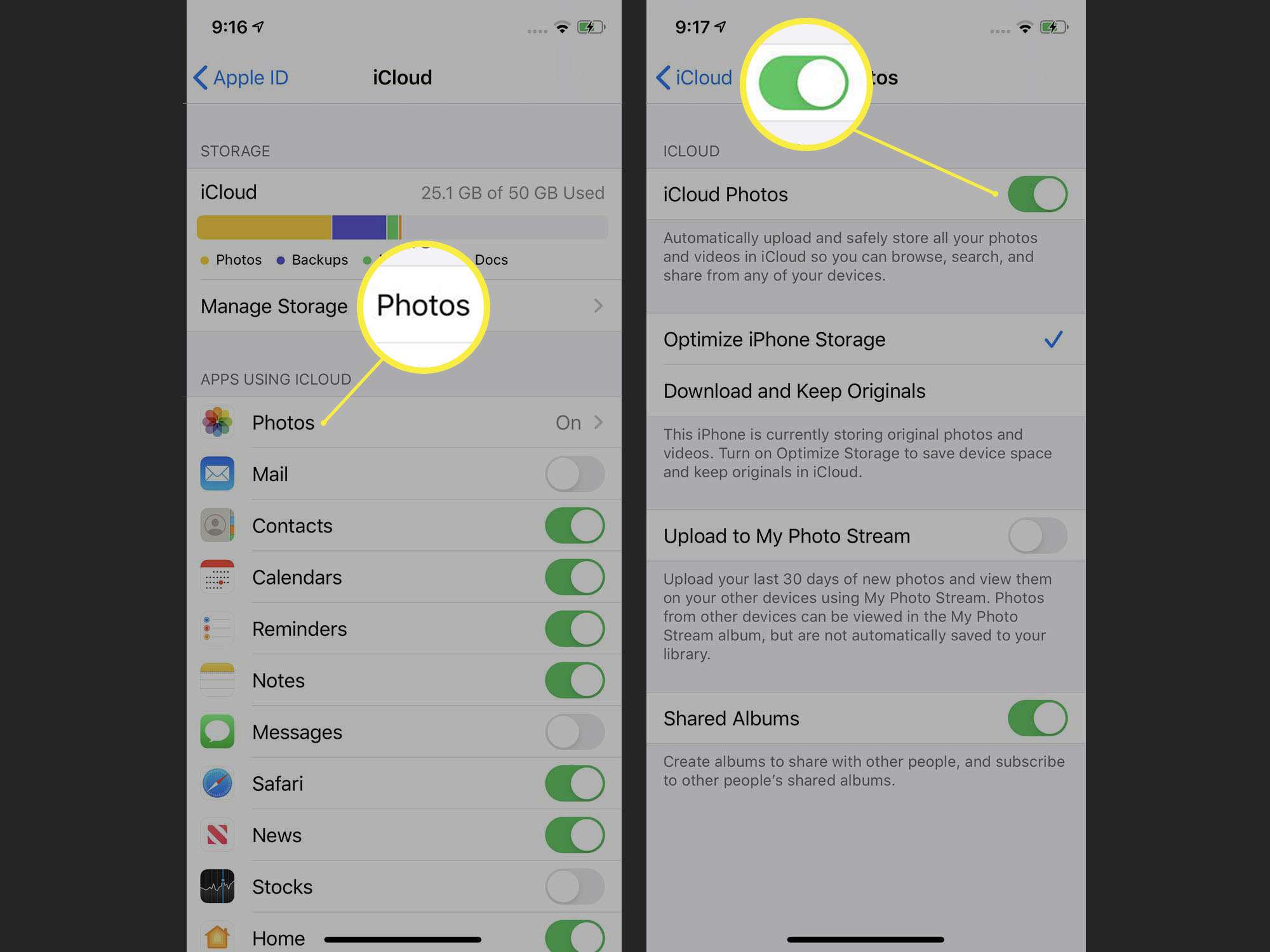 Stappen die nodig zijn om iCloud-foto's in te schakelen op iOS.