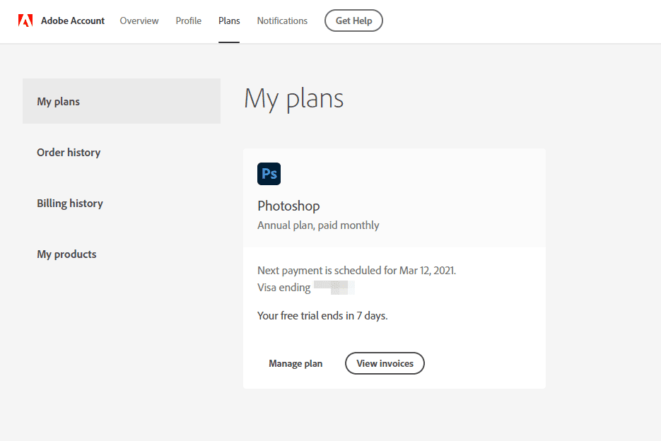 Het gedeelte Mijn abonnementen van het Adobe-account met de proefversie van Photoshop vermeld