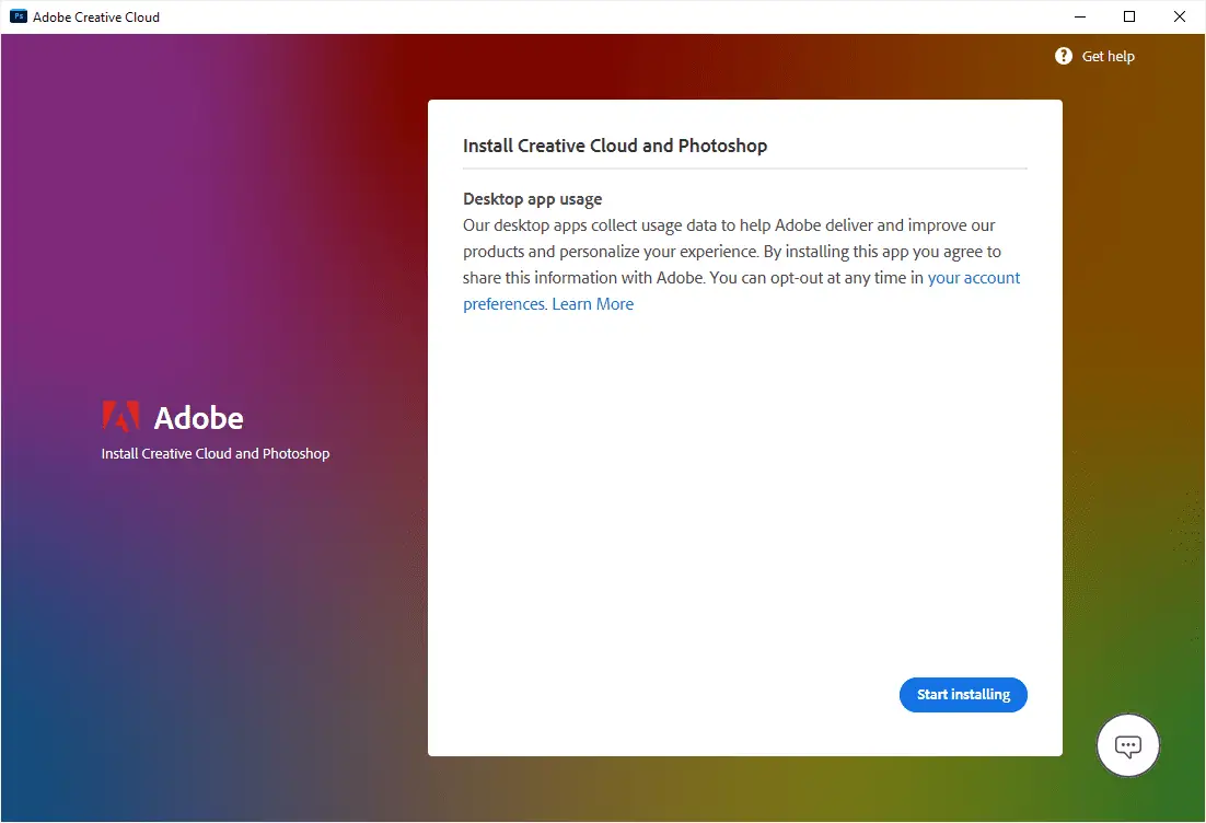 Installatiescherm Creative Cloud en Photoshop installeren