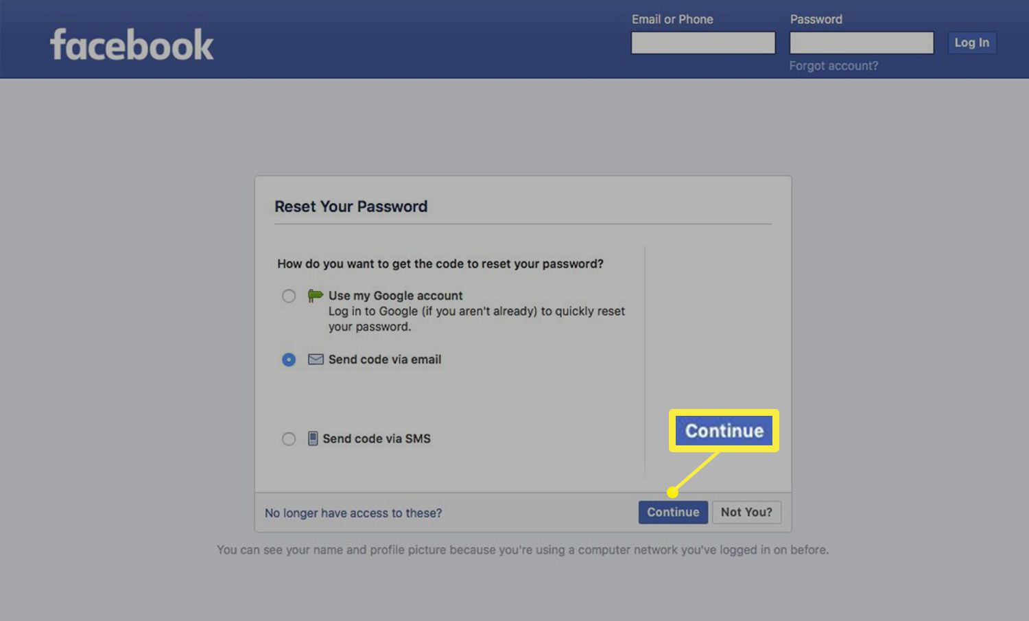 Scherm wachtwoord opnieuw instellen Facebook
