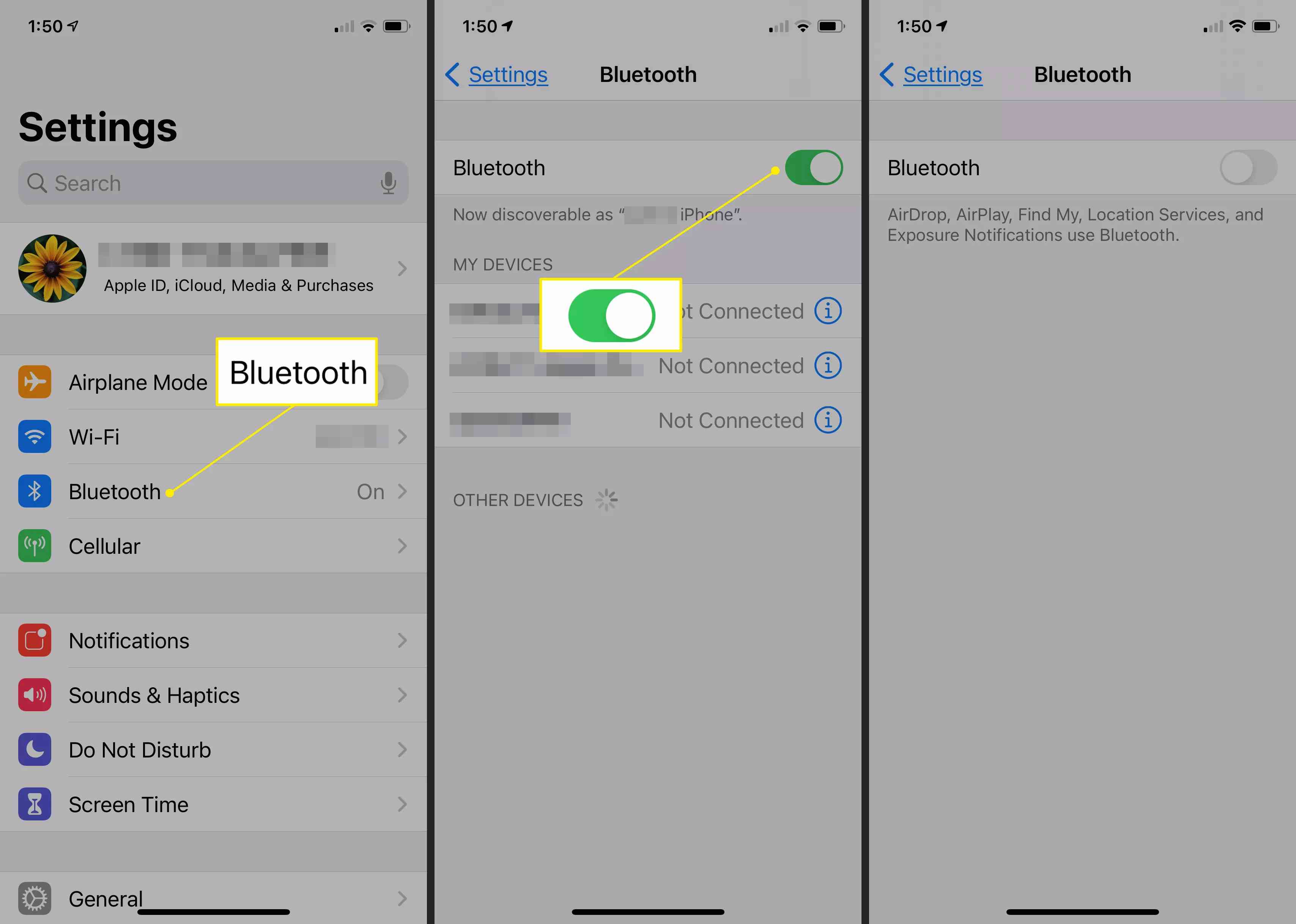 iPhone-instellingen met de Bluetooth-instellingen