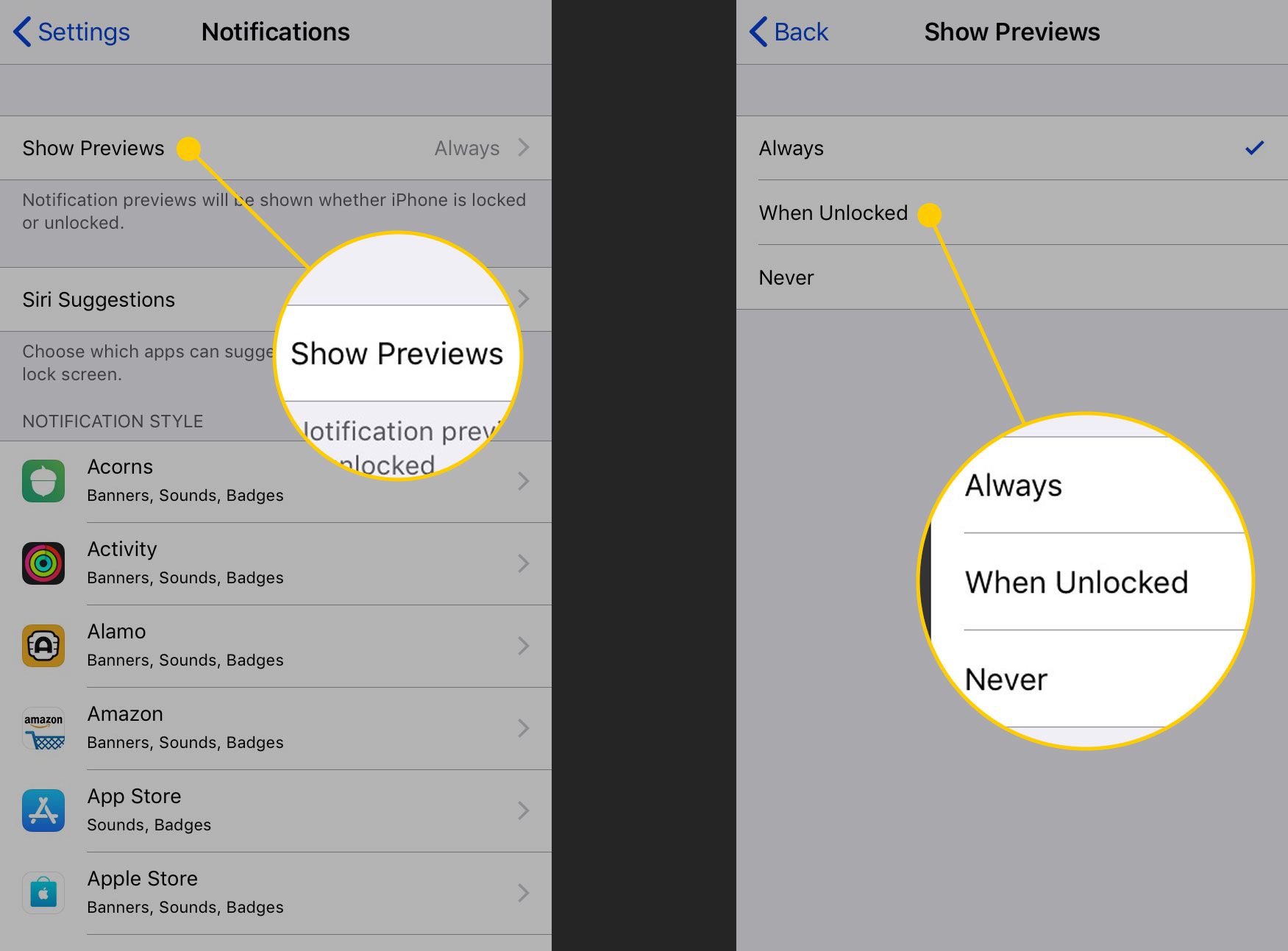 Instellingen en opties voor Previews weergeven op een iPhone