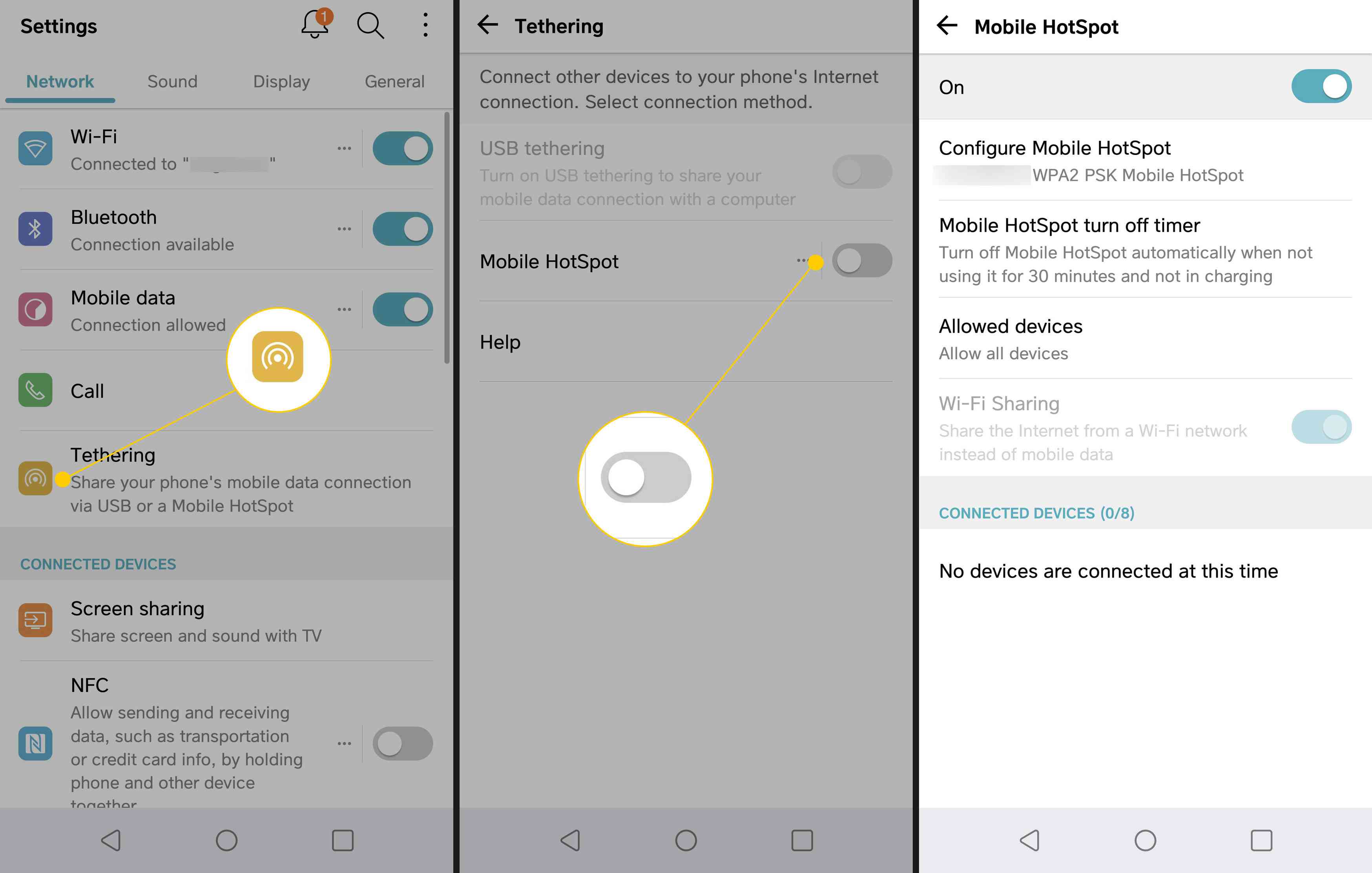 Android-netwerkinstellingen met het tethering-pictogram en de schakelaar gemarkeerd