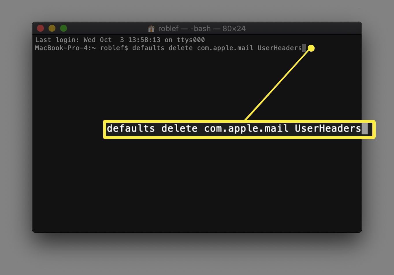 Terminal-app in macOS met de opdracht "defaults delete com.apple.mail UserHeaders"