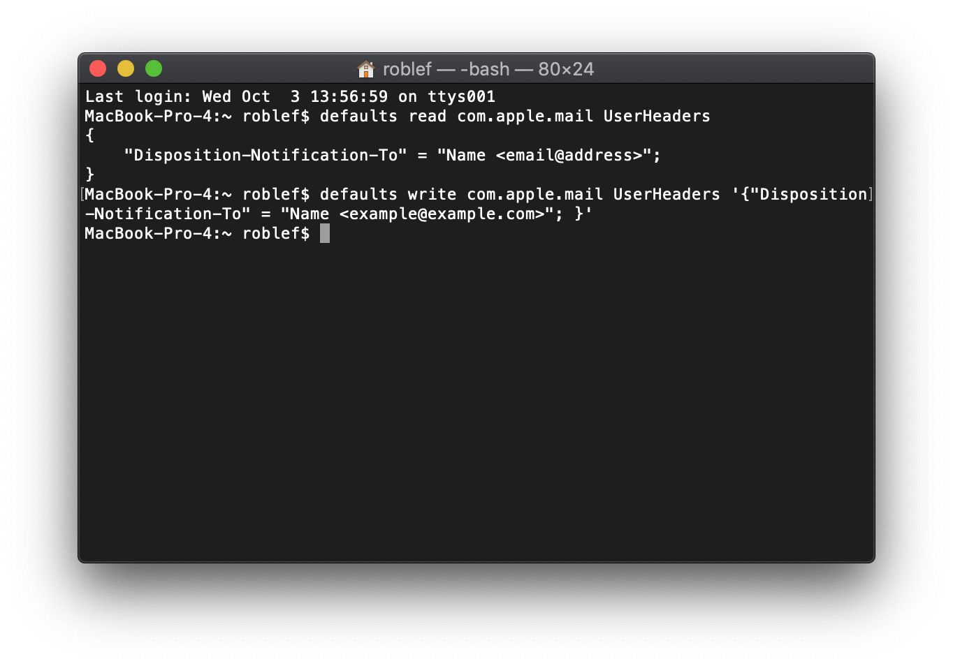 Terminal-app in macOS met standaardwaarden schrijf com.apple.mail UserHeaders