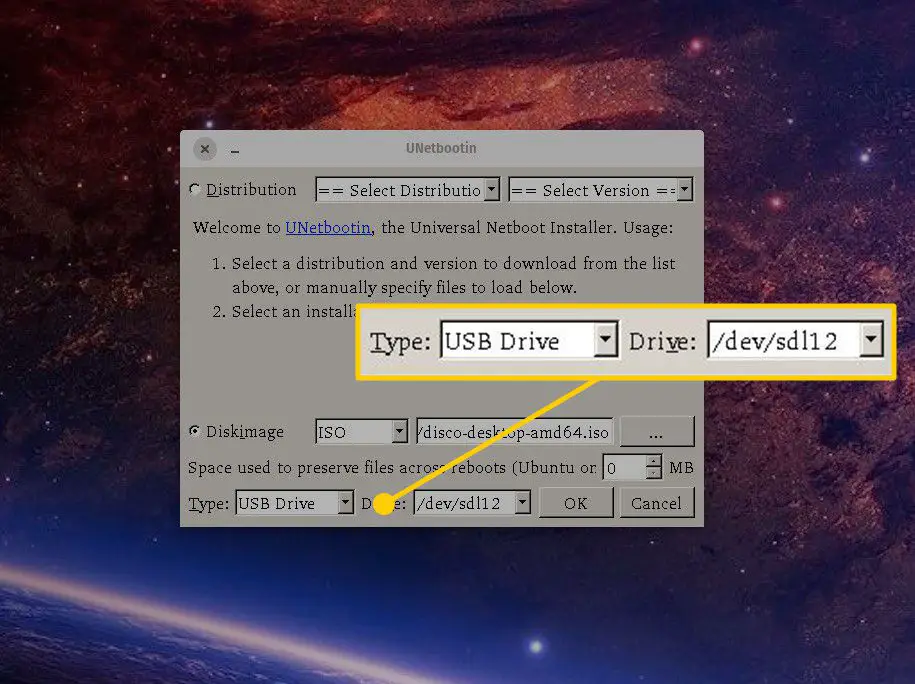 Type en Drive-opties in UNetbootin