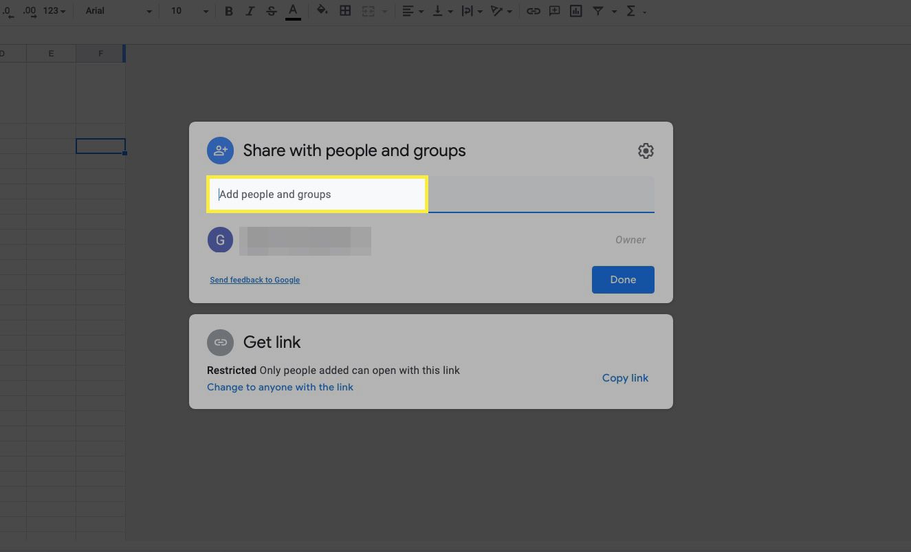 Dialoogvenster Google Spreadsheets Delen met personen en groepen