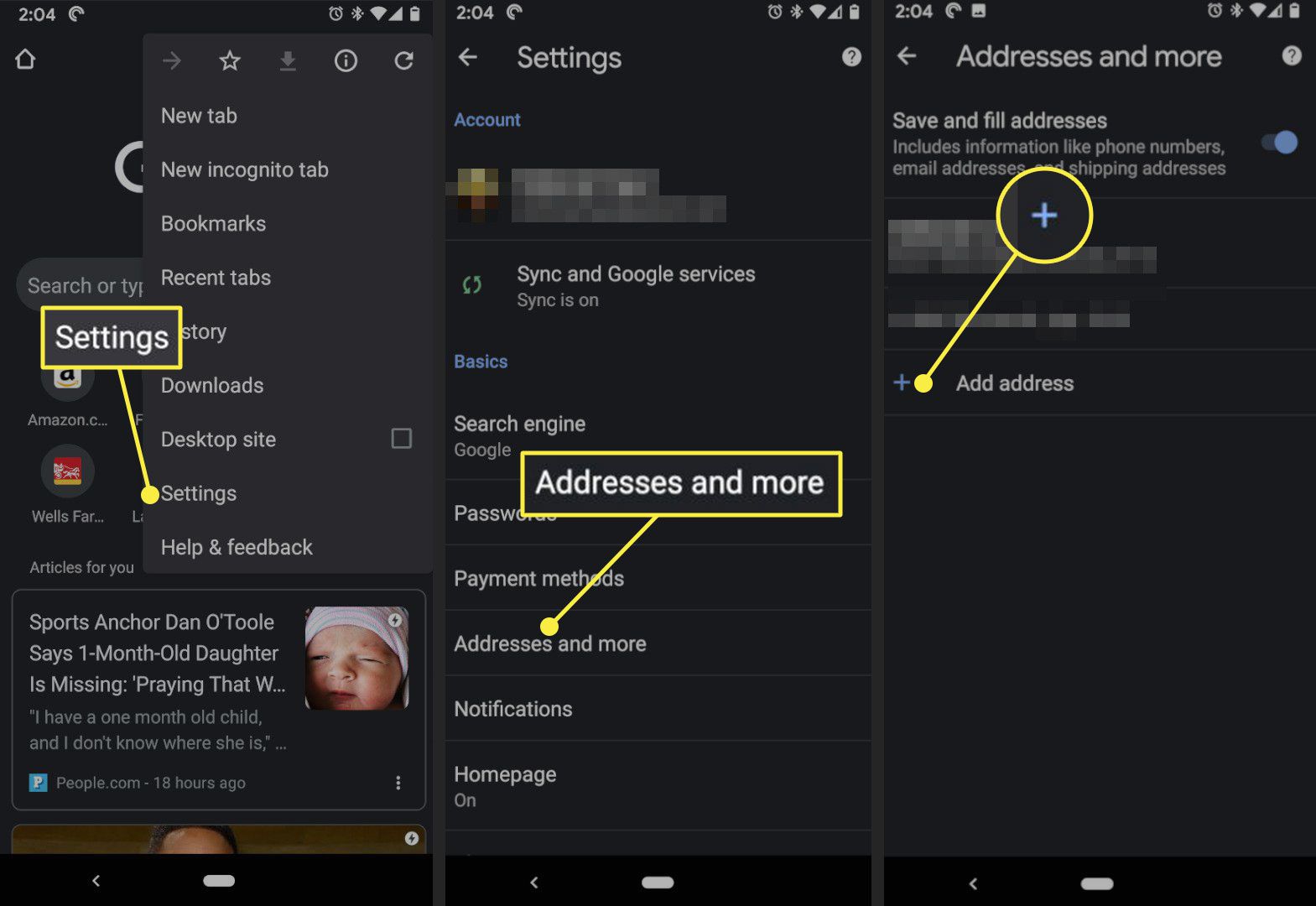 Instellingen, adressen en meer en de knop Toevoegen in Android