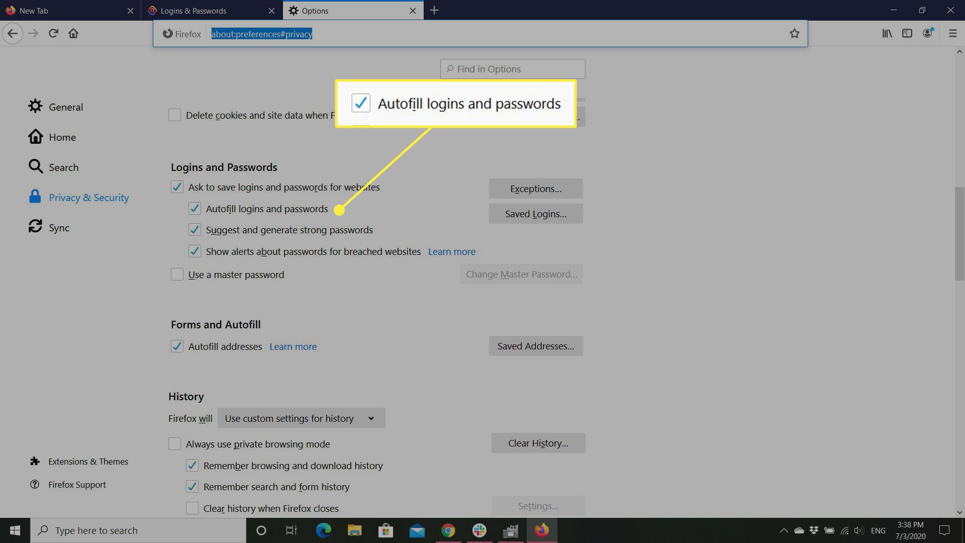 De optie "Aanmeldingen en wachtwoorden automatisch aanvullen" in Firefox