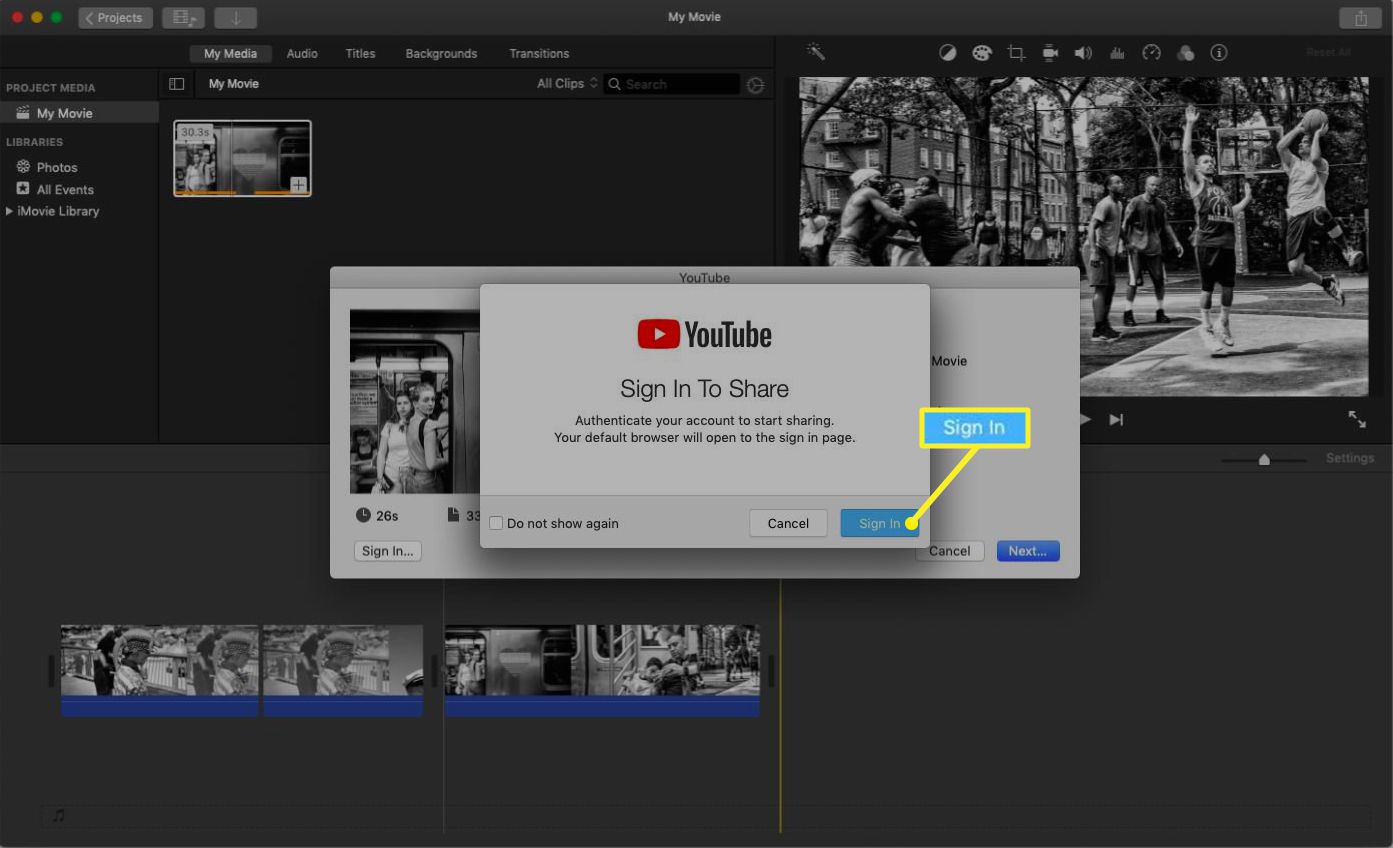 iMovie toont een pop-upmenu voor YouTube-aanmelding.