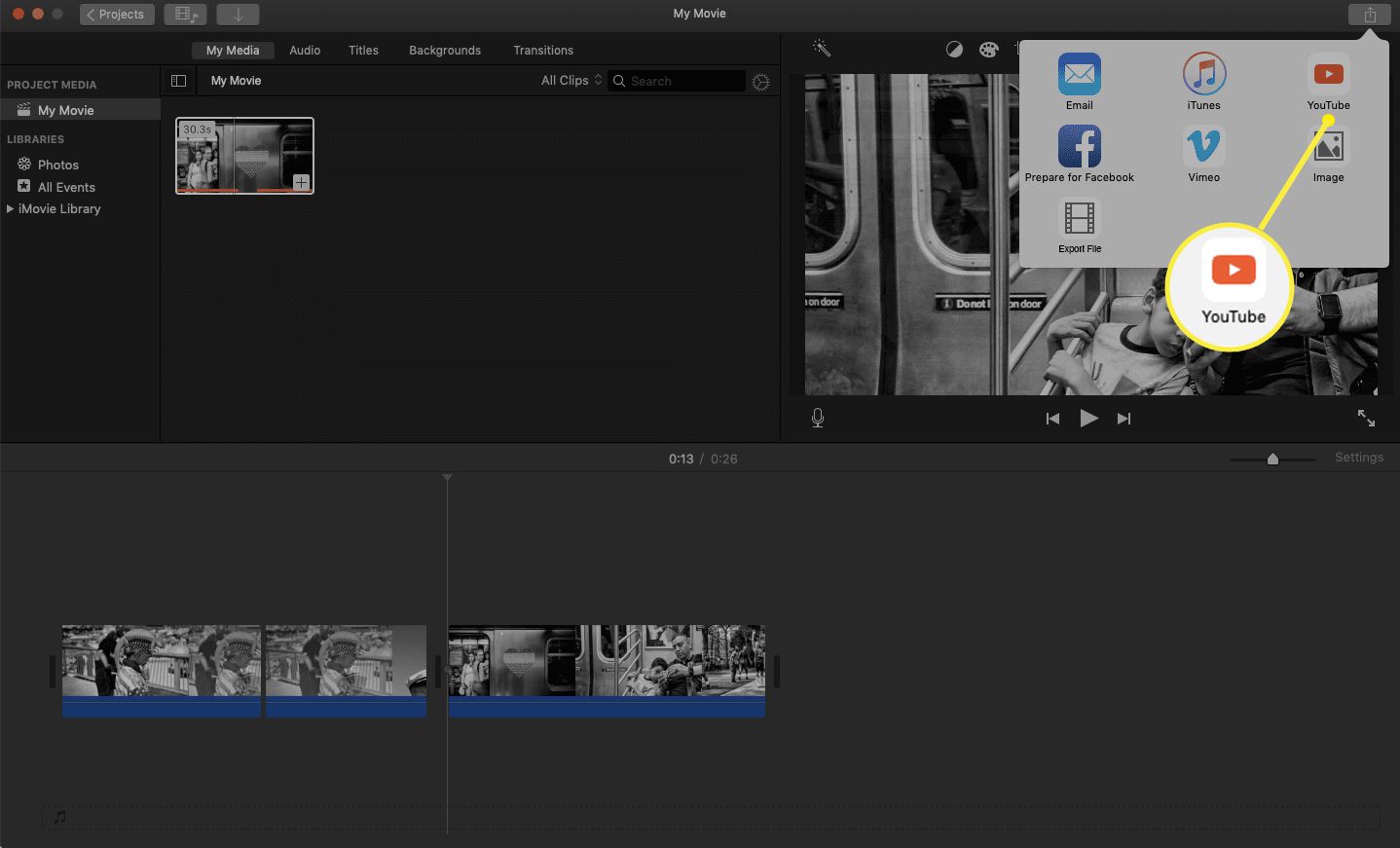 iMovie-tabblad delen met het You Tube-pictogram gemarkeerd.