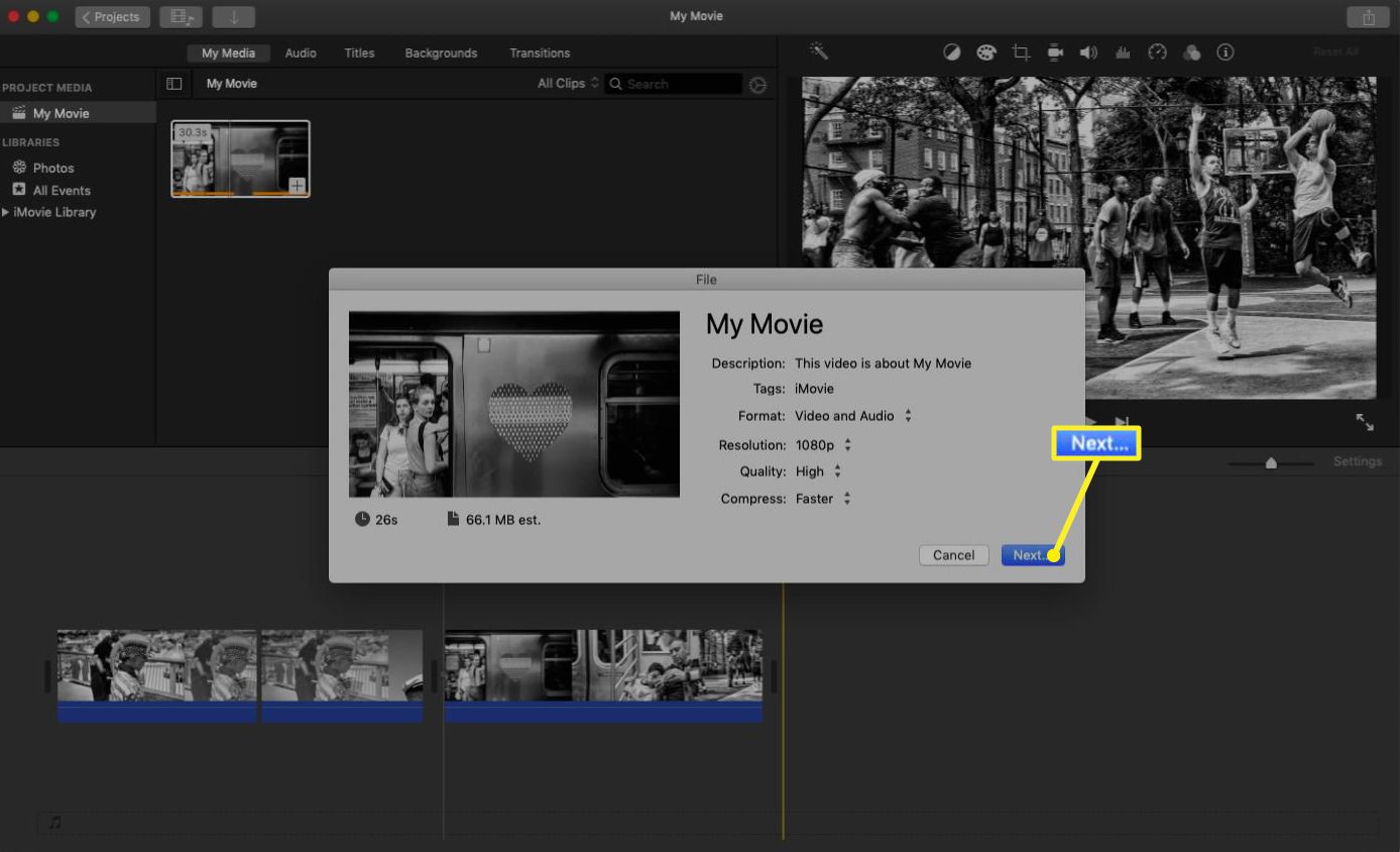 iMovie-bestand exporteren met het pop-upmenu met instellingen.
