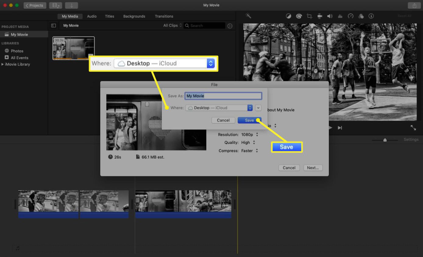 iMovie-bestandsexport met de exportopties gemarkeerd.