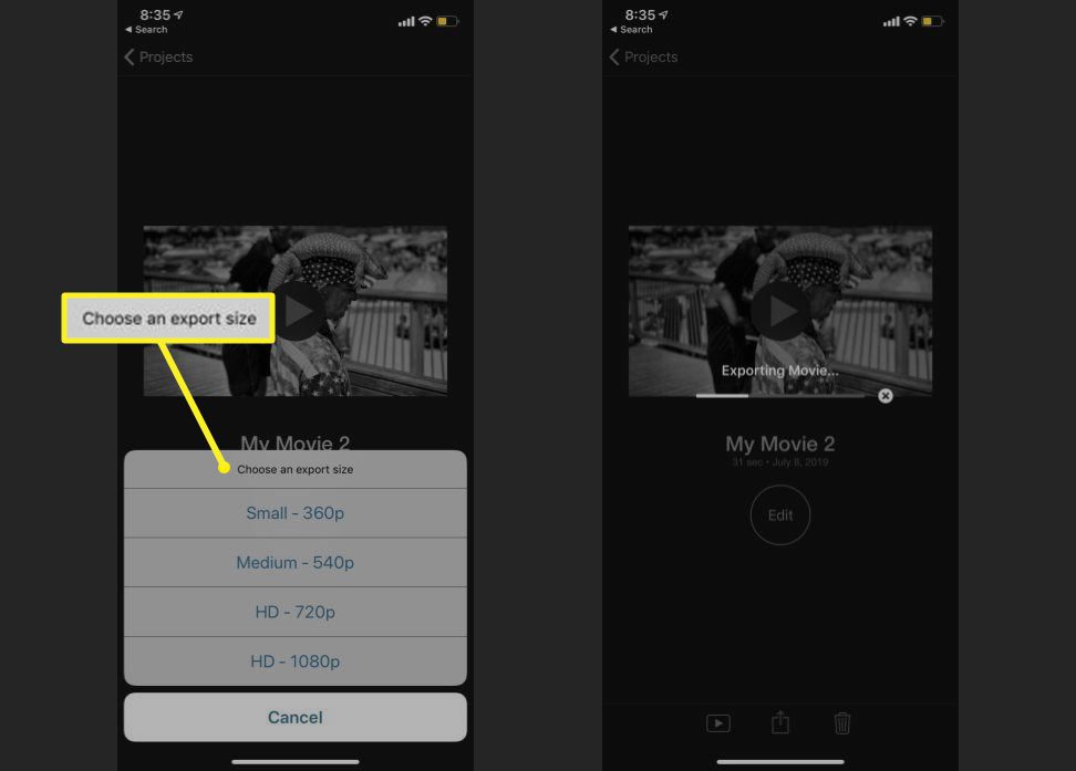 iMovie voor iOS-exportproces met de selectie van de beeldresolutie en het exporteren van de video.