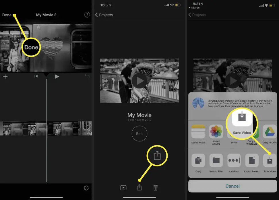 iOS iMovie-pad naar optie Video opslaan