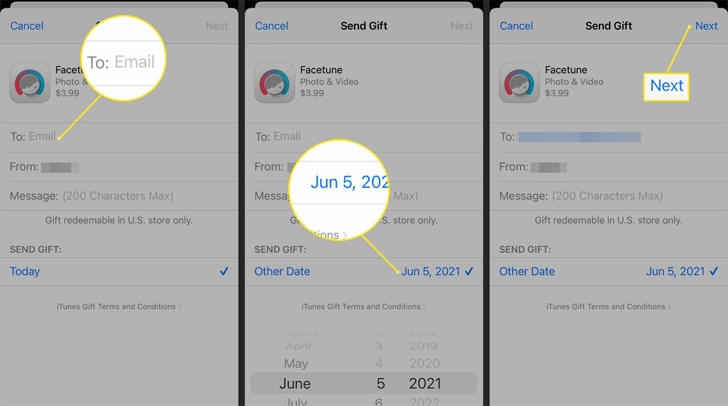 Ontvanger, afzender en datumvelden in de interface van de app Cadeau verzenden op iOS