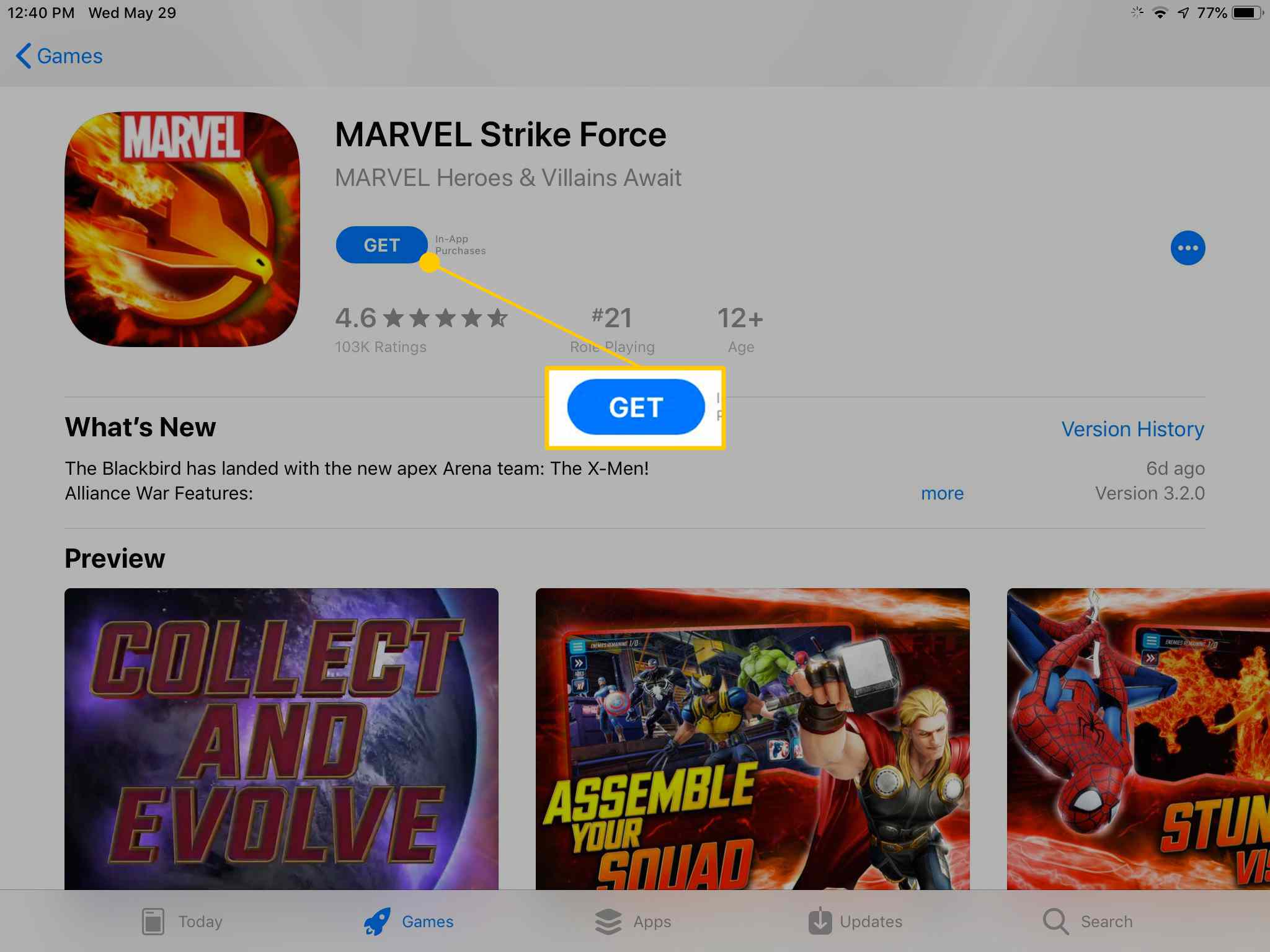 Krijg-knop op de Marvel Strike Force App Store-pagina