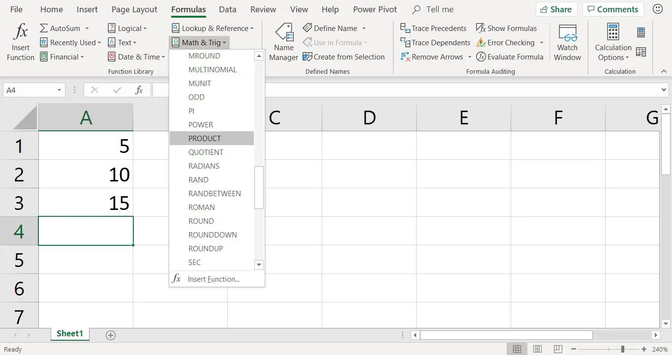 Een screenshot met het tabblad Formules met de lijst Math & Trig uitgevouwen om de PRODUCT-functie in Excel weer te geven