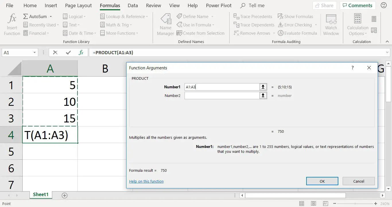 Een screenshot met het dialoogvenster PRODUCT-functieargumenten in Excel