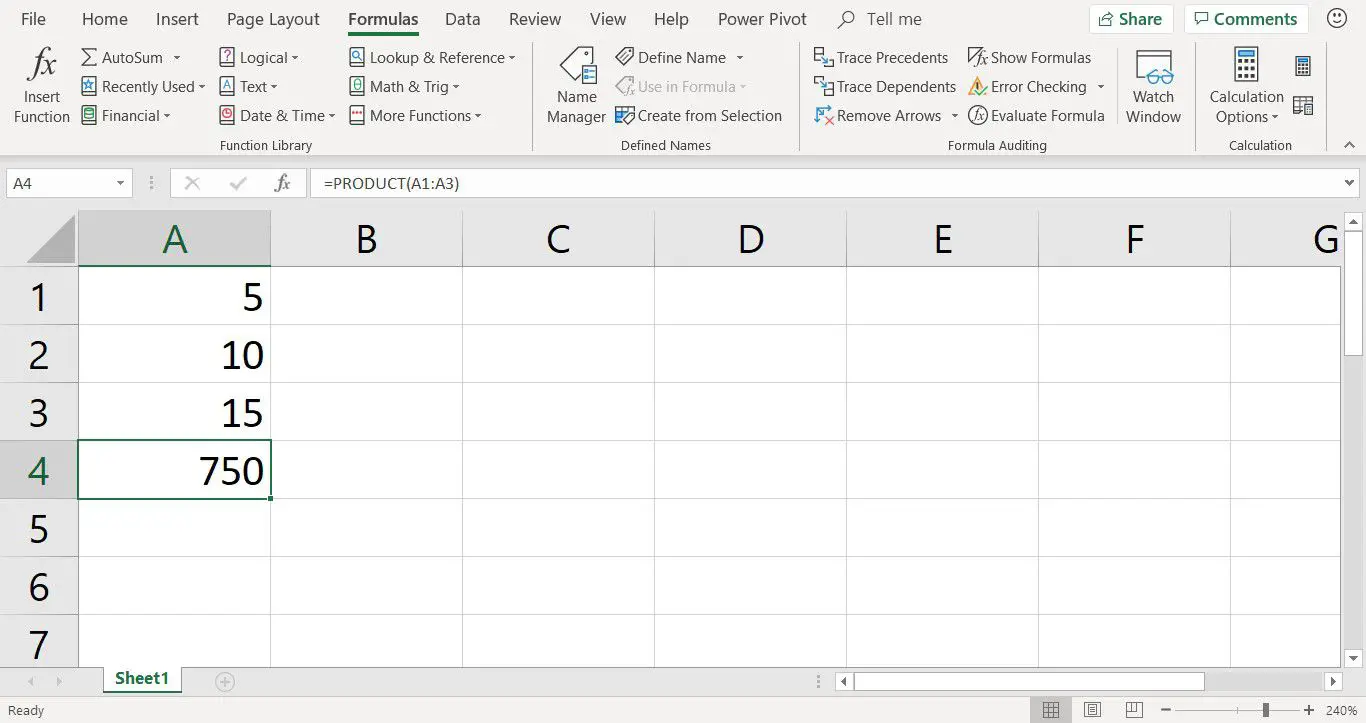 Een screenshot met het resultaat van de PRODUCT-functie in Excel
