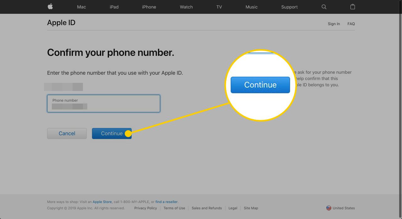 Telefoonnummerverificatie op de Apple ID-herstelwebsite met de knop Doorgaan gemarkeerd