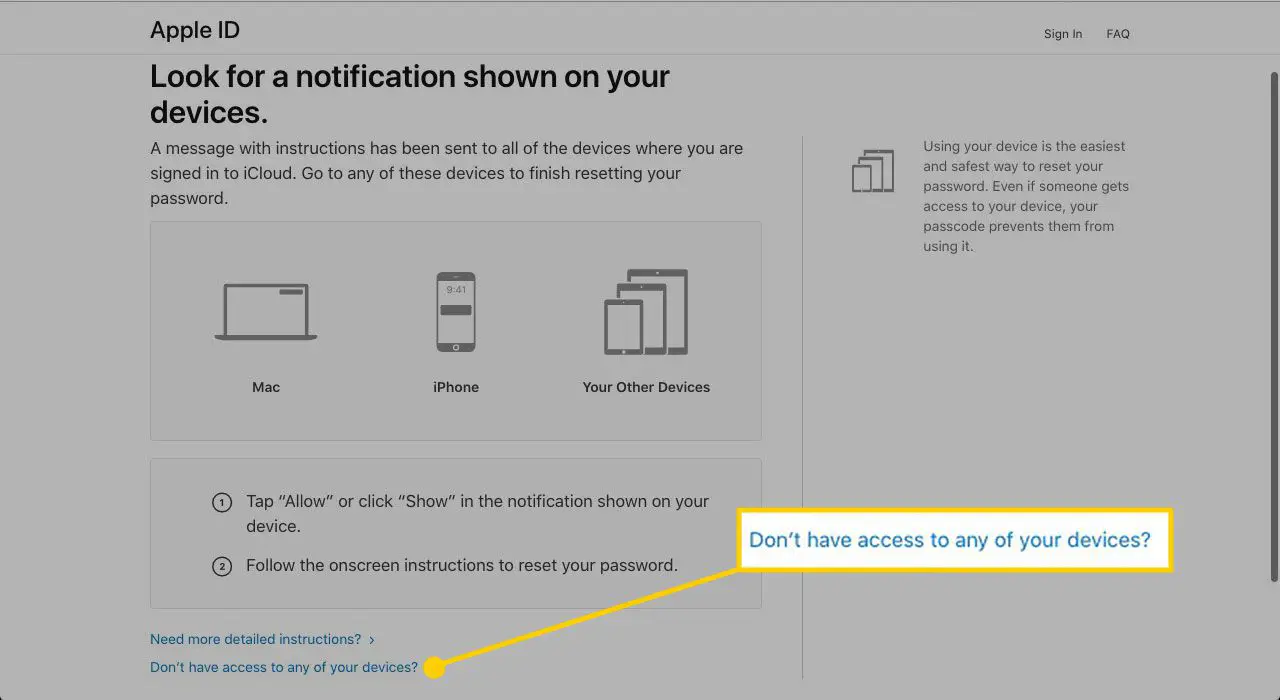 Website met instructies voor het opnieuw instellen van een Apple ID-wachtwoord met "Heb je geen toegang tot een van je apparaten?" gemarkeerd