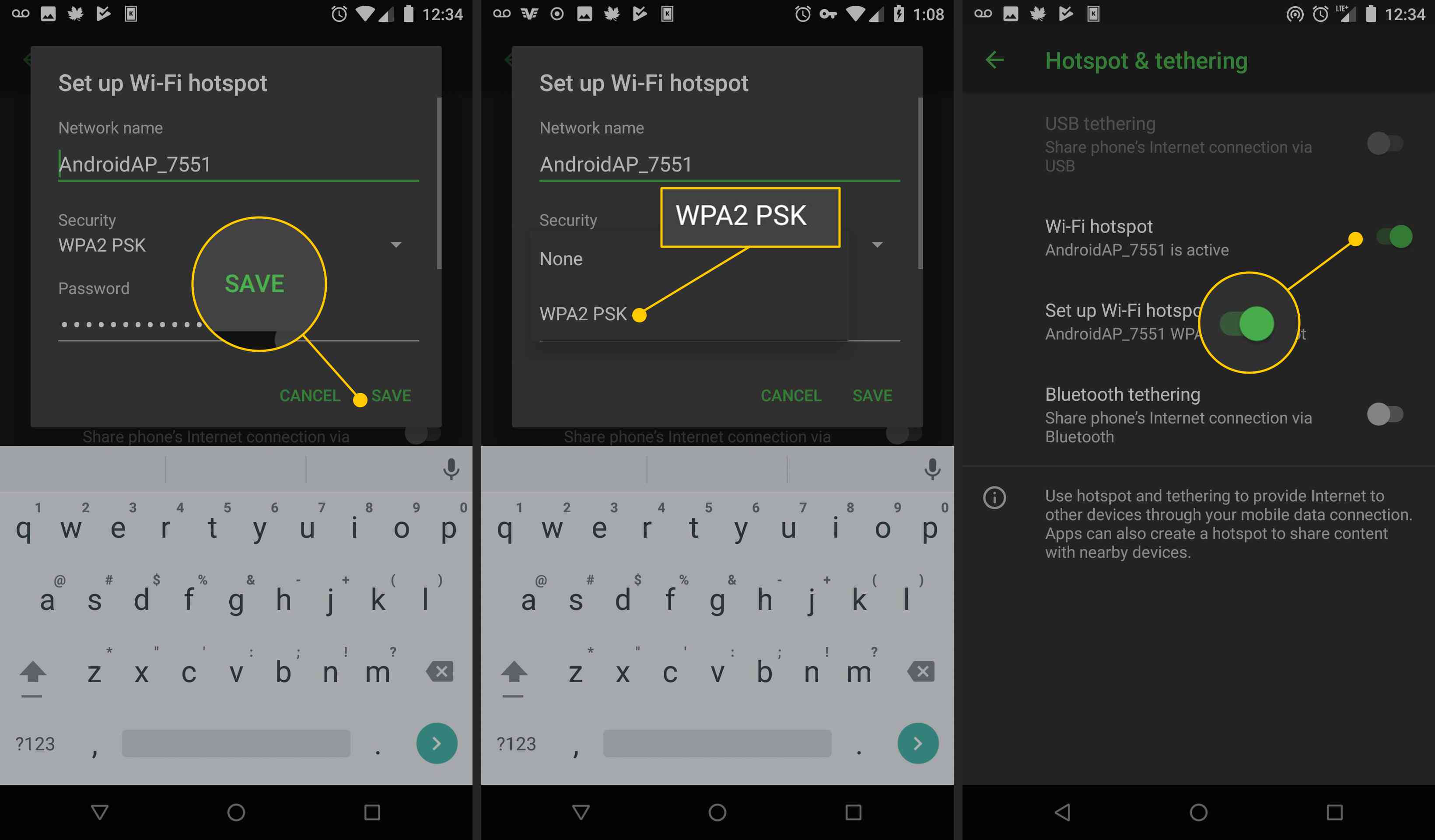 Opslaan-knop, WPA2 PSK-optie, Wi-Fi-hotspot schakelen in Android-instellingen