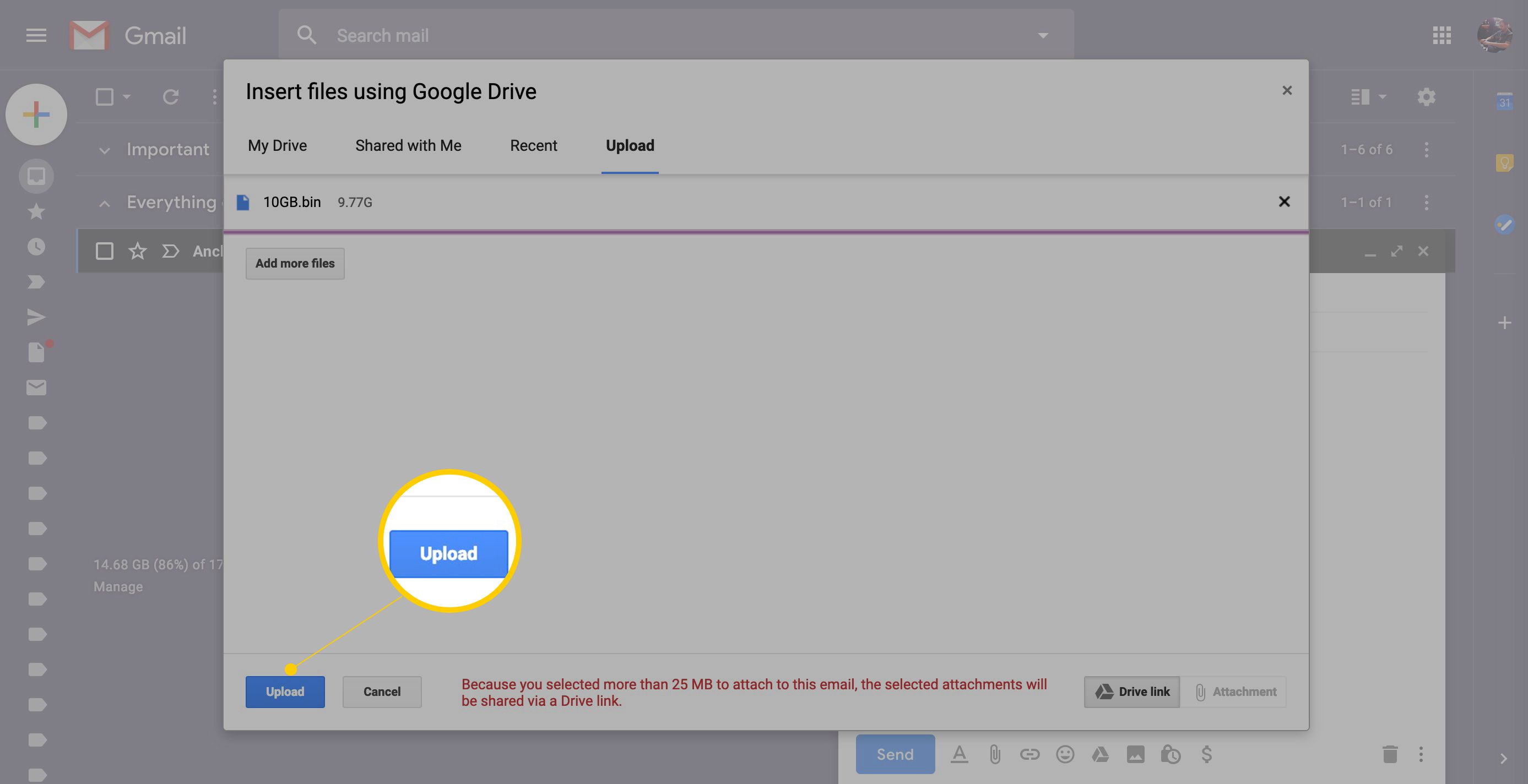 Uploadknop in de Google Drive-interface van Gmail