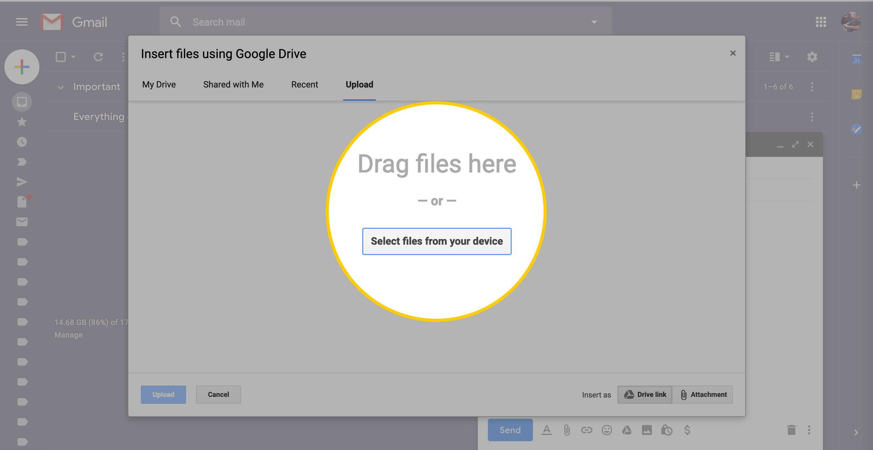 Sleep bestanden hierheen of selecteer bestanden uit het dialoogvenster van uw apparaat in Google Drive via Gmail