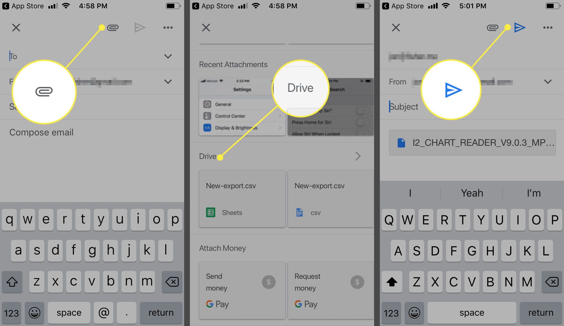 Schermafbeeldingen van de Gmail-app voor iOS die laten zien hoe u een bestand bijvoegt vanuit Google Drive