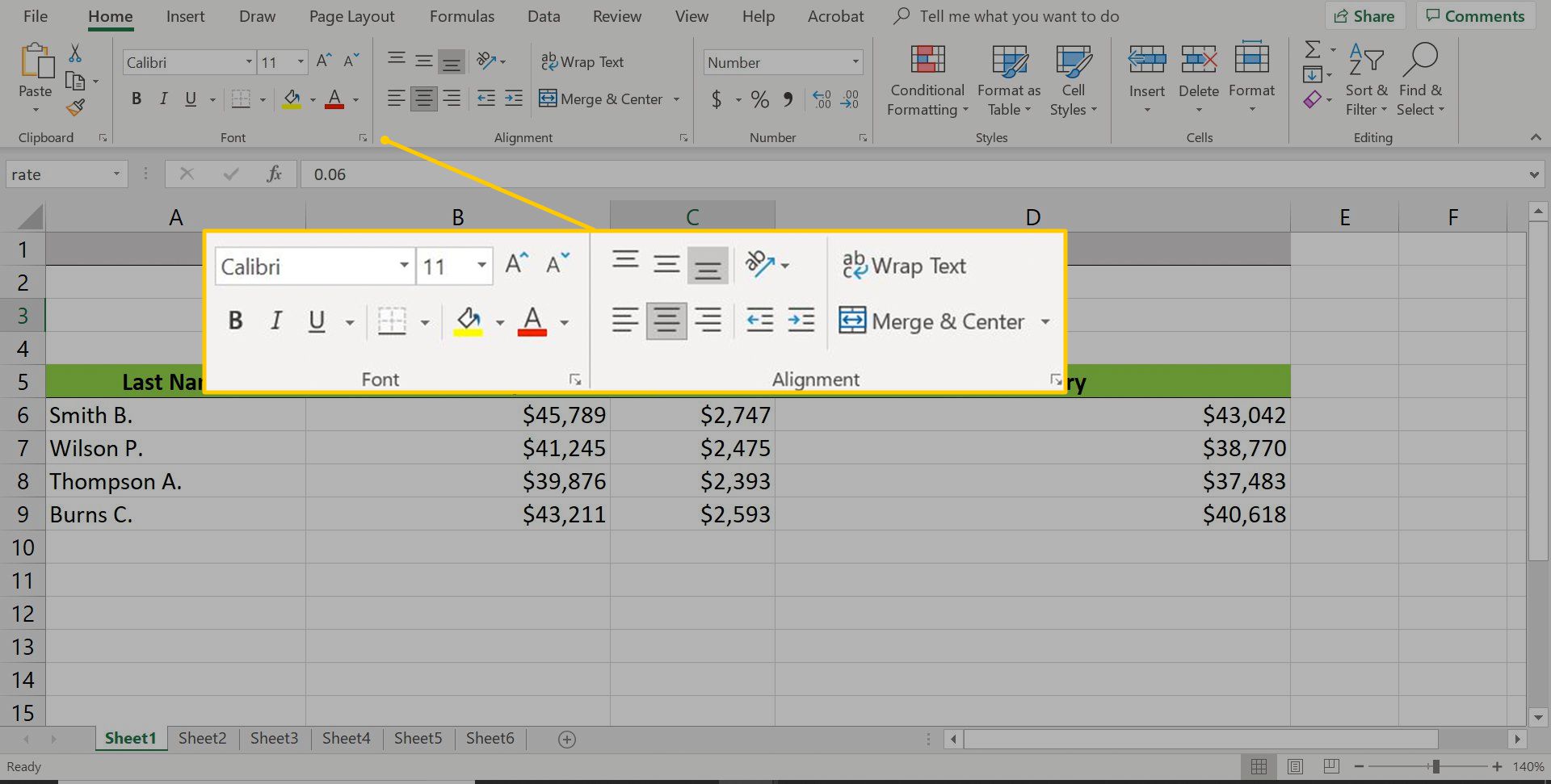 Lettertype- en uitlijningsgebieden op het tabblad Start in Excel