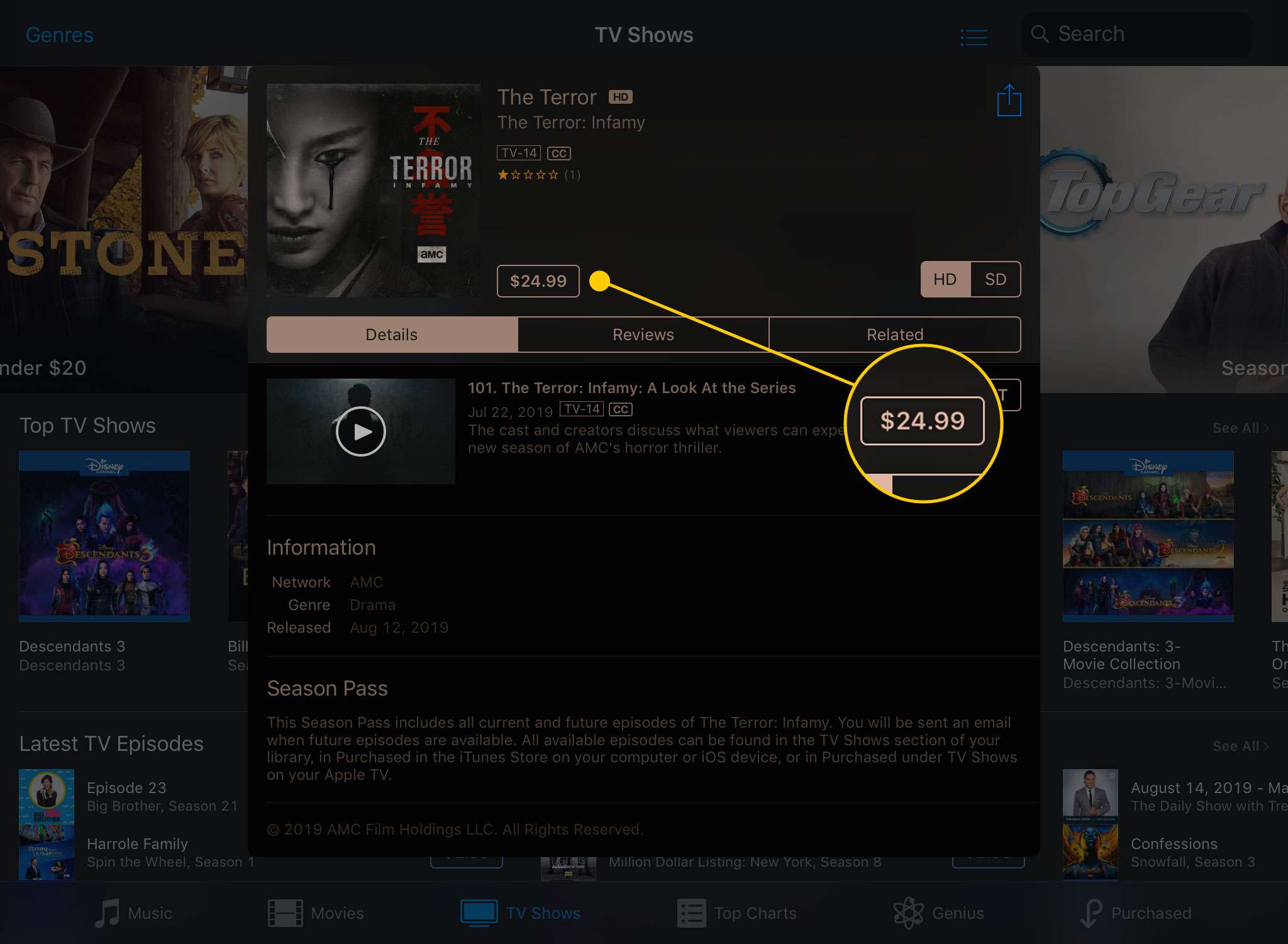 De pagina van een tv-programma wordt geopend in de iTunes Store-app op een iPad met de prijsknop gemarkeerd