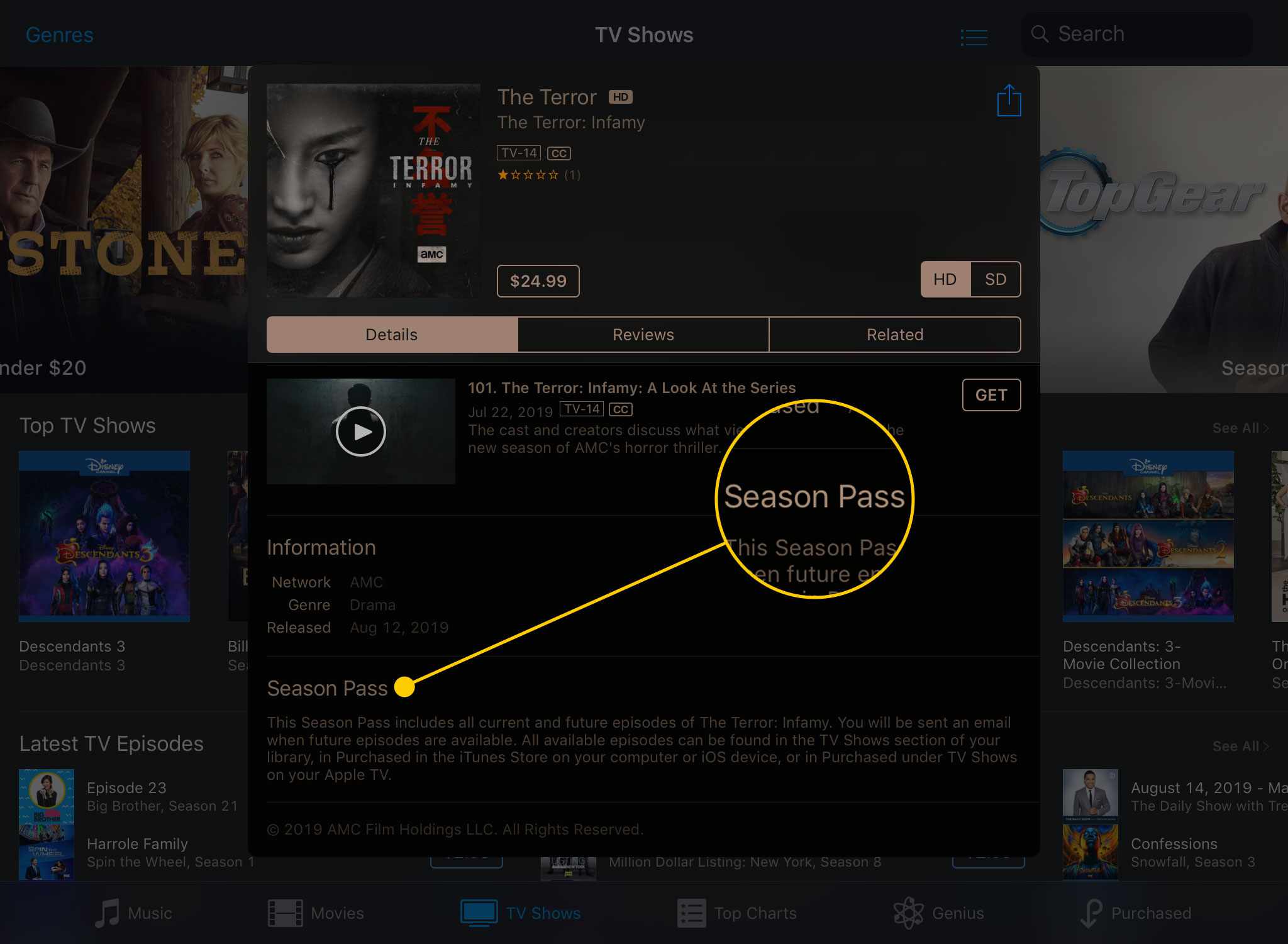De pagina van een tv-programma in de iTunes Store-app met de "Seizoenspas" kop gemarkeerd