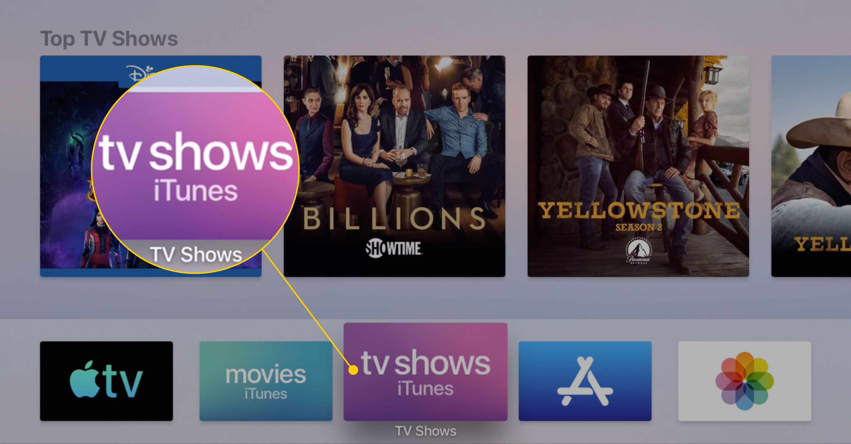 Het startscherm van een Apple TV met de iTunes-app TV Shows gemarkeerd