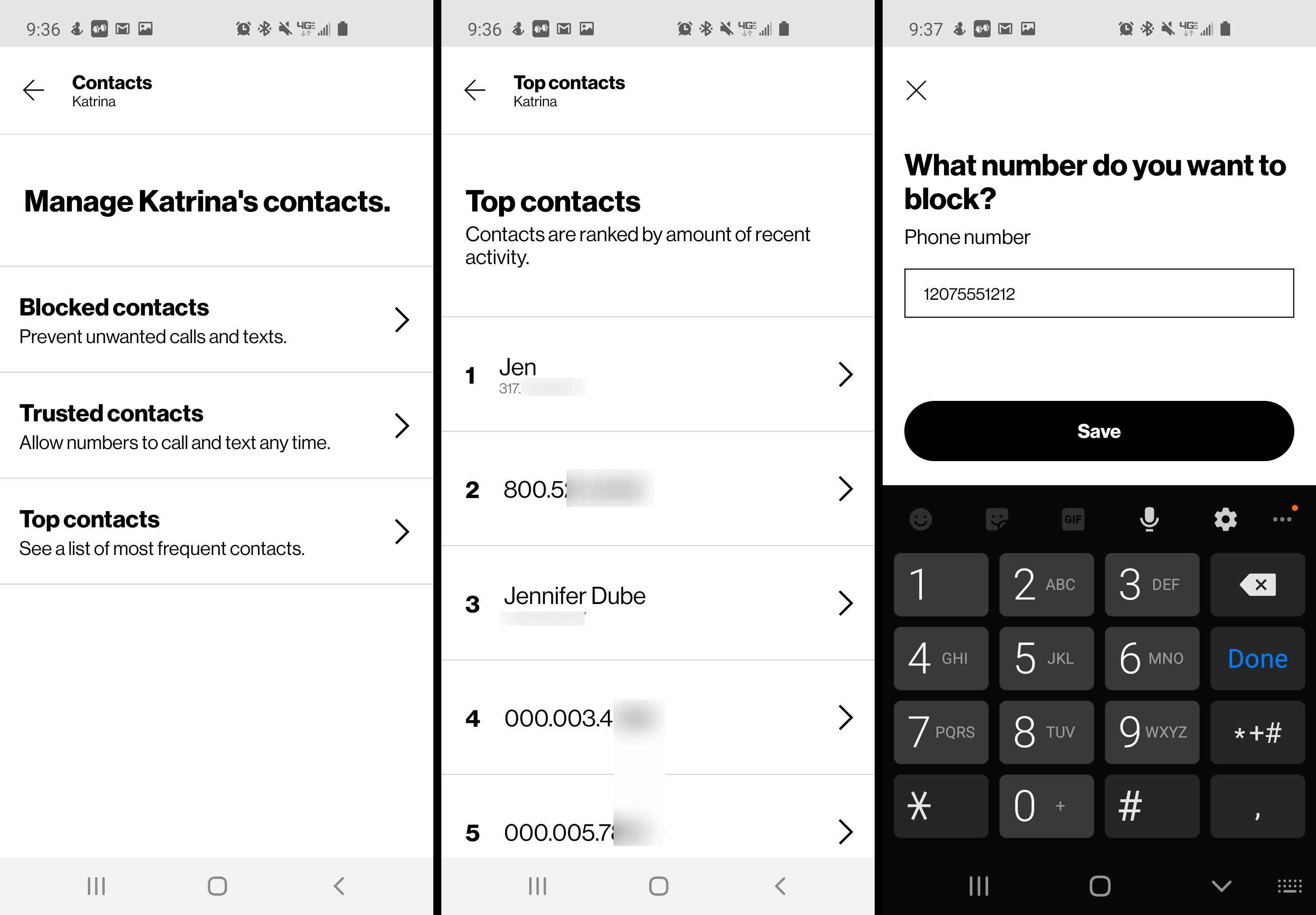 Screenshots van contacten in de ouderlijke app van Verizon
