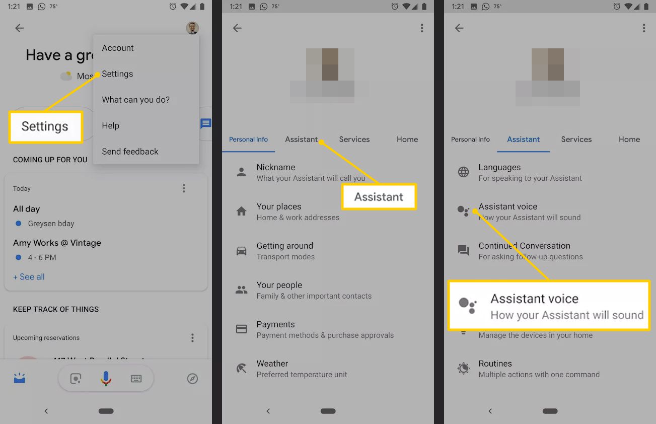 Instellingen, Assistent en Assistent-spraakknoppen op Android