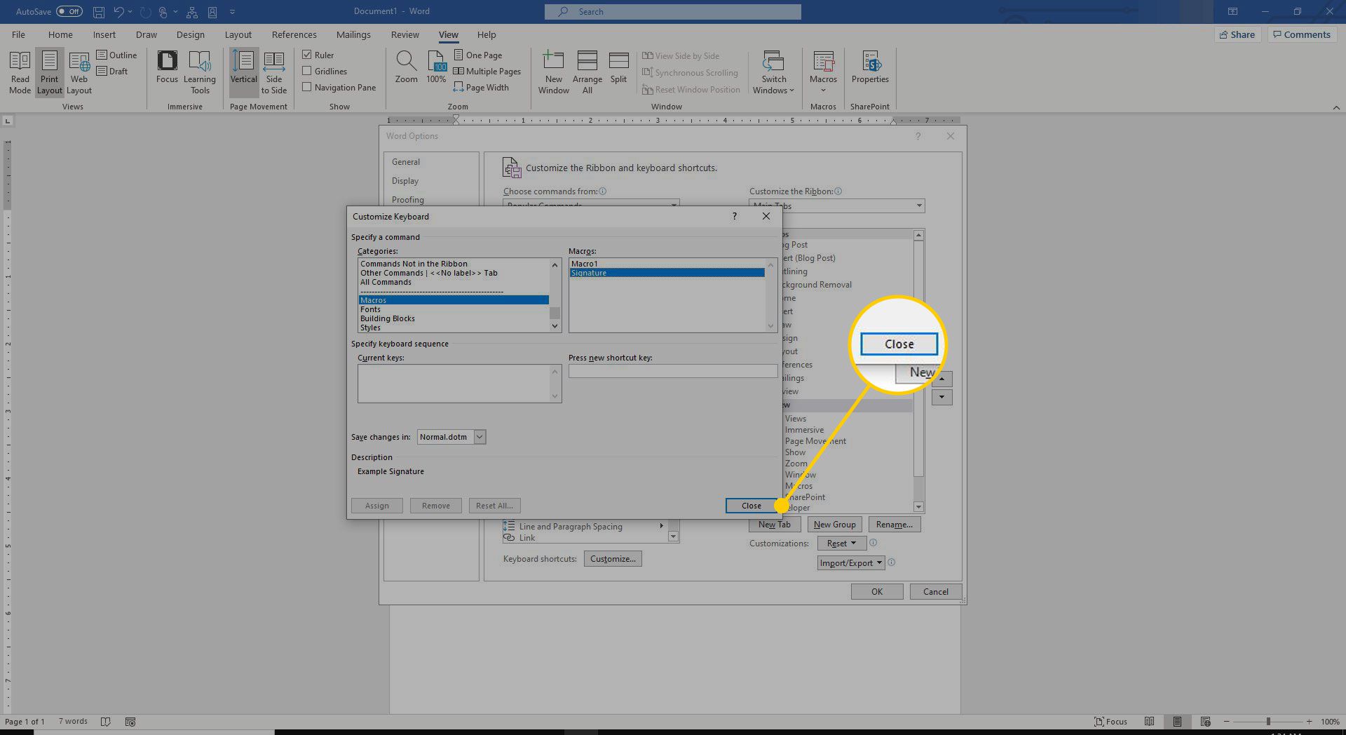 Sluitknop in Word-macro-instellingen